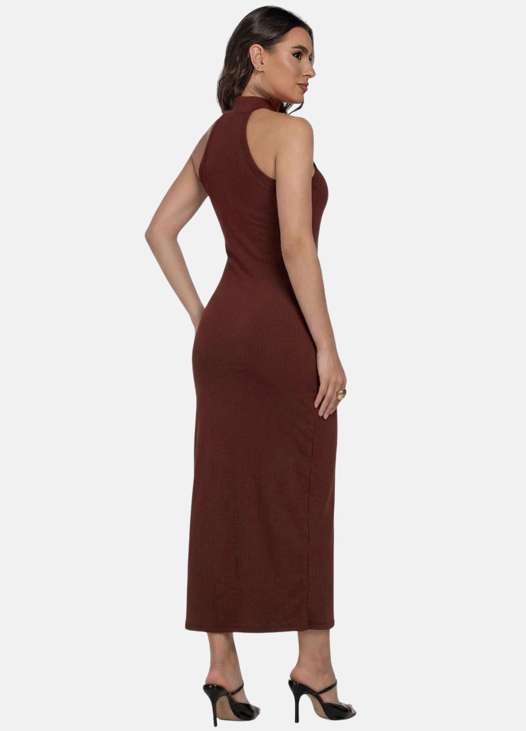 VESTIDO MIDI CANELADO GOLA ALTA COM ARGOLA