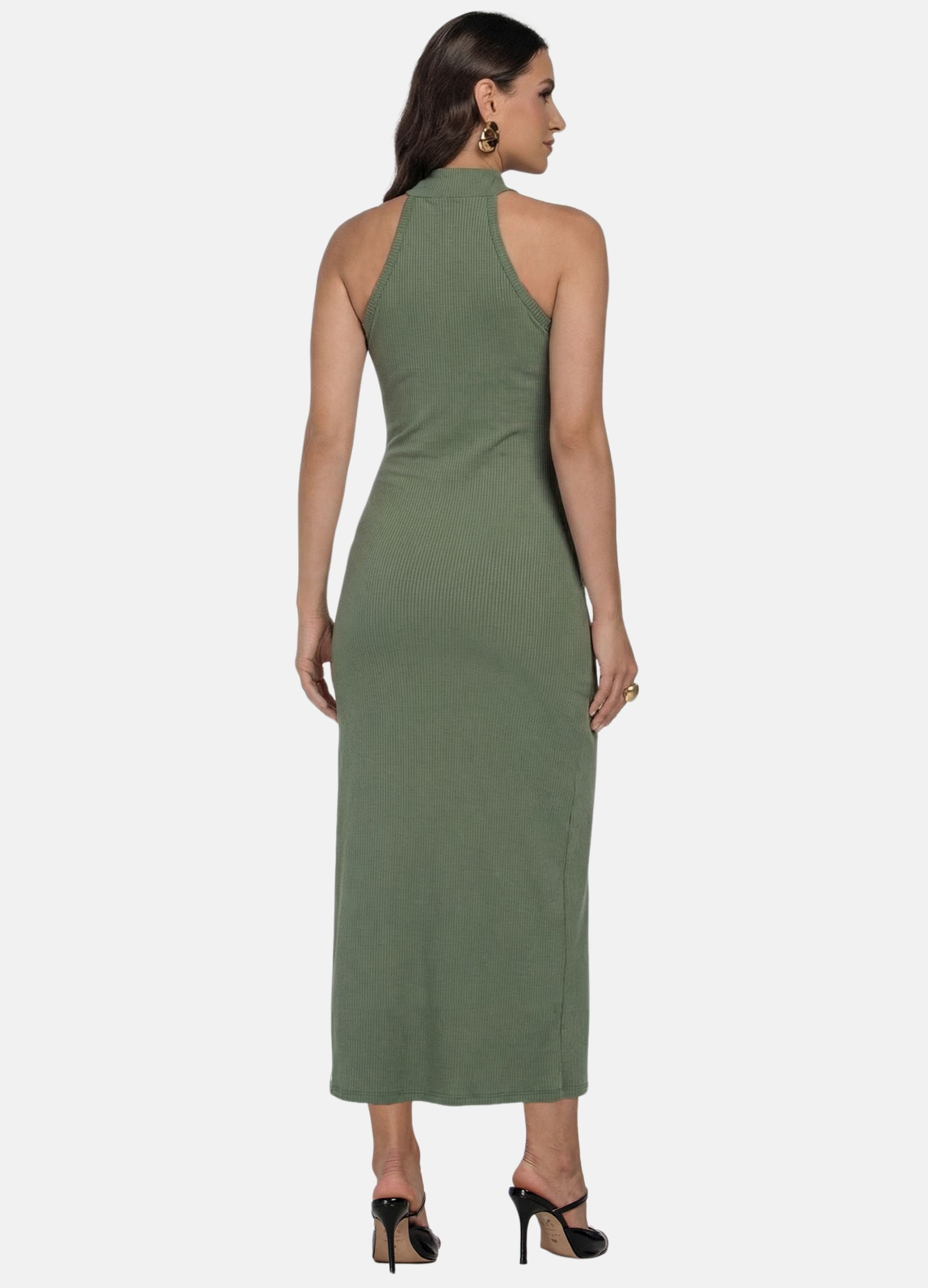 VESTIDO MIDI CANELADO GOLA ALTA COM ARGOLA