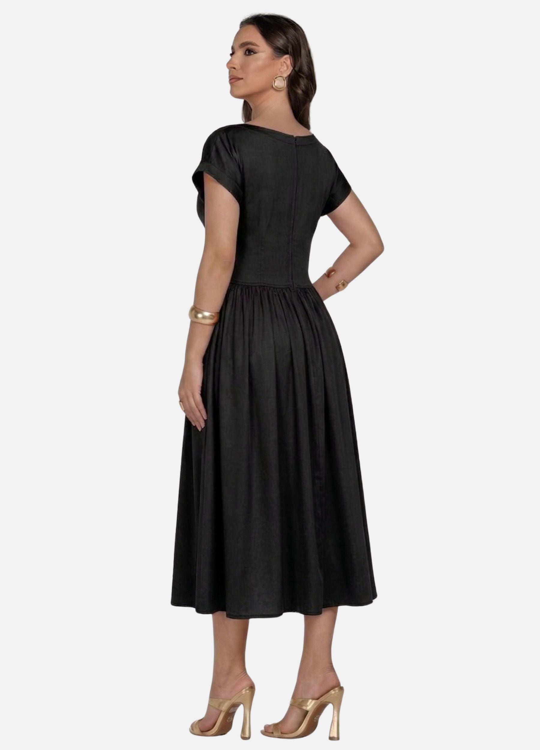 VESTIDO MIDI CIRRE COM SAIA FRANZIDA