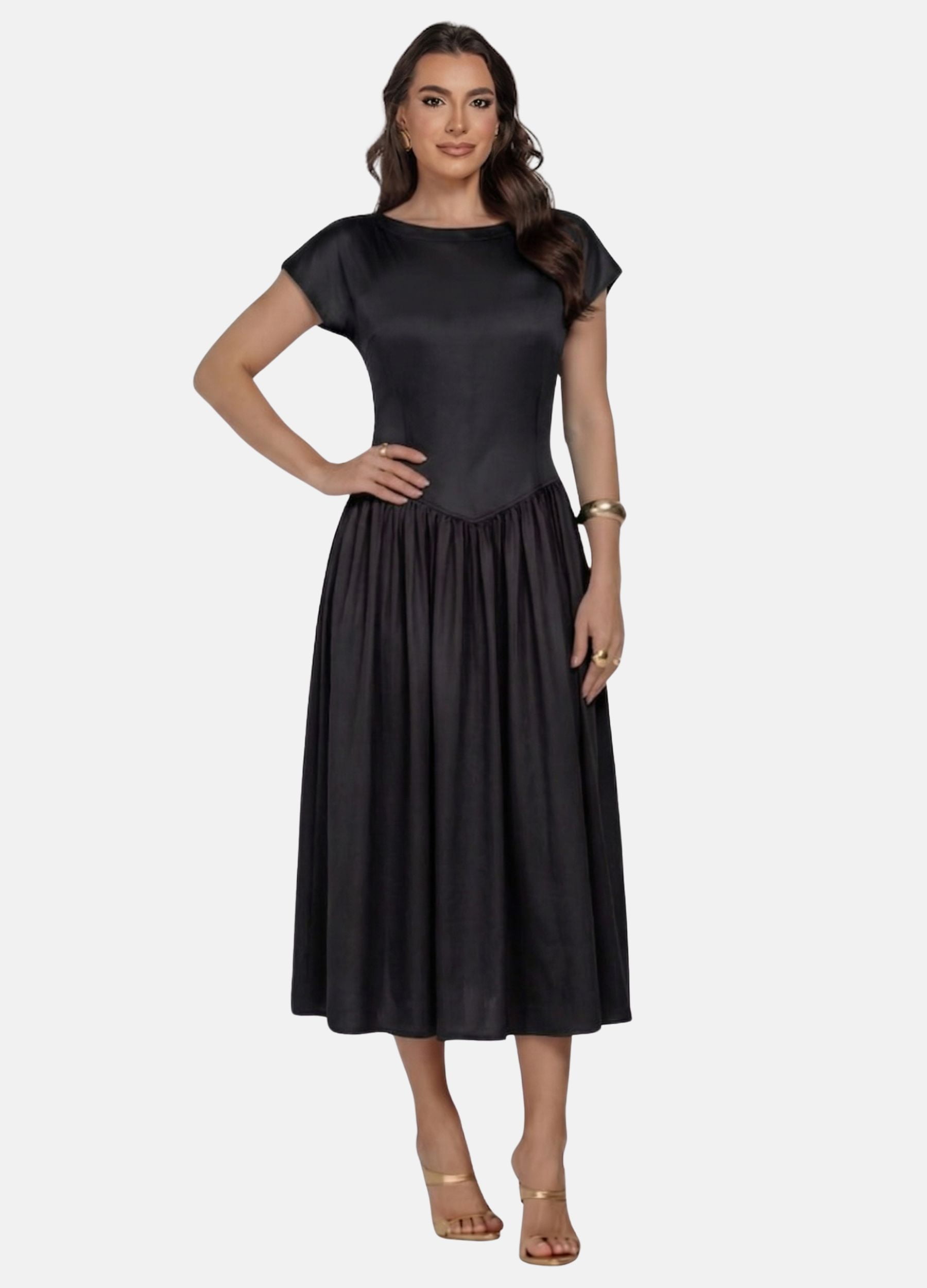 VESTIDO MIDI CIRRE COM SAIA FRANZIDA