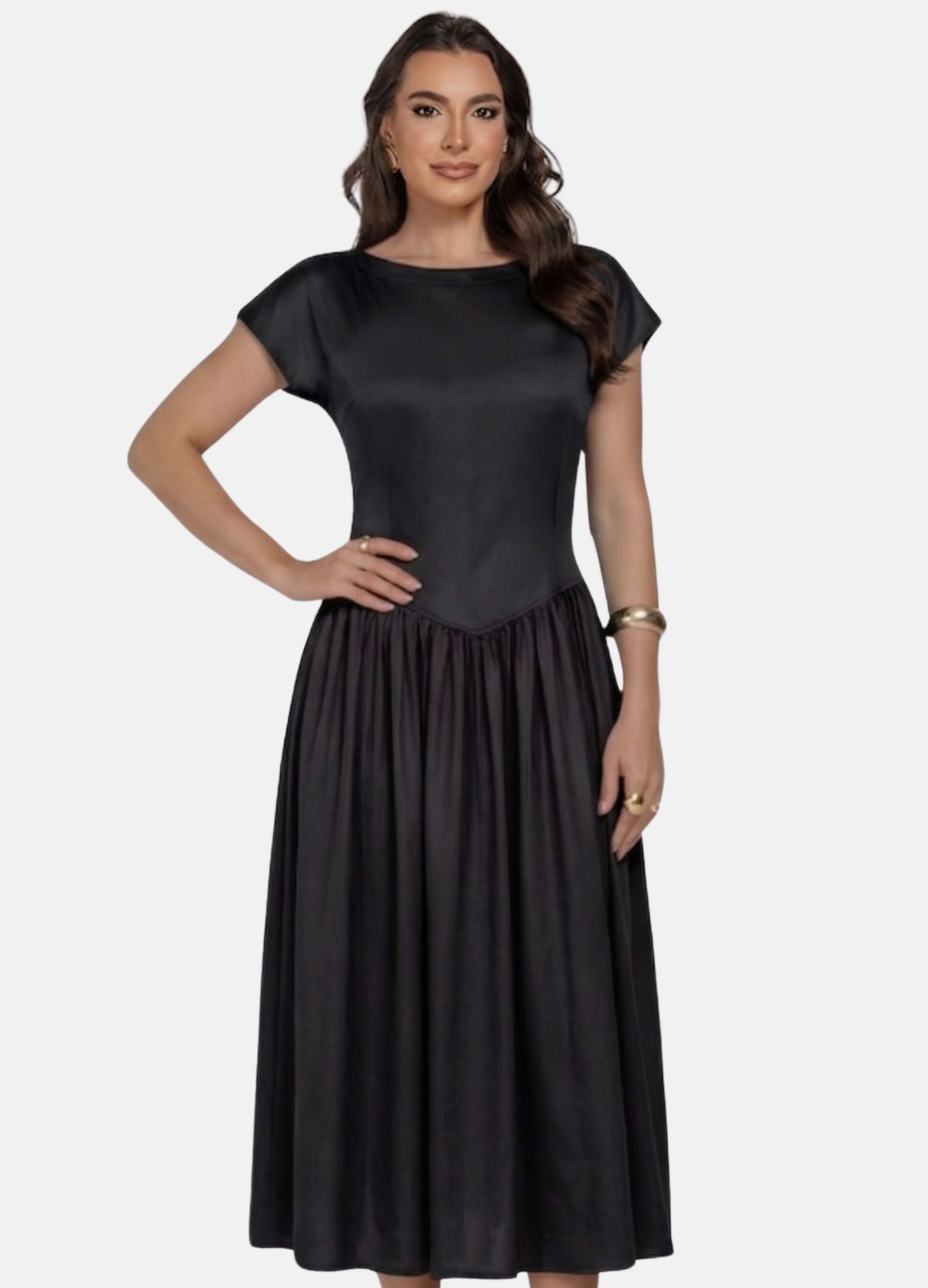 VESTIDO MIDI CIRRE COM SAIA FRANZIDA