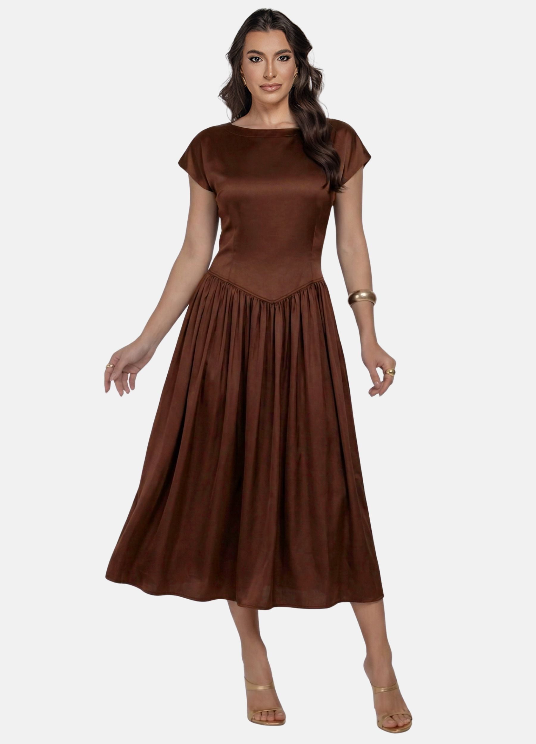 VESTIDO MIDI CIRRE COM SAIA FRANZIDA