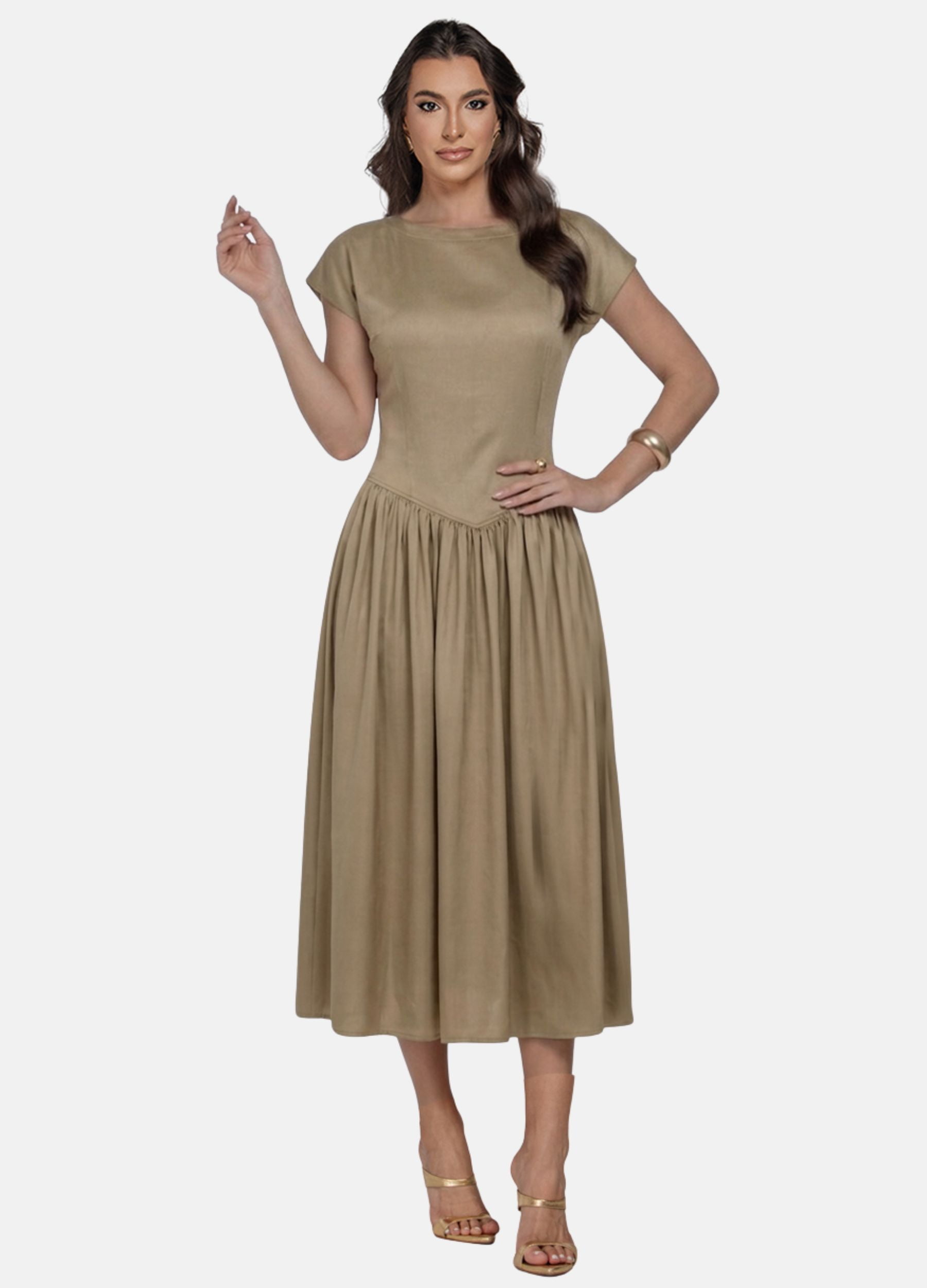 VESTIDO MIDI CIRRE COM SAIA FRANZIDA