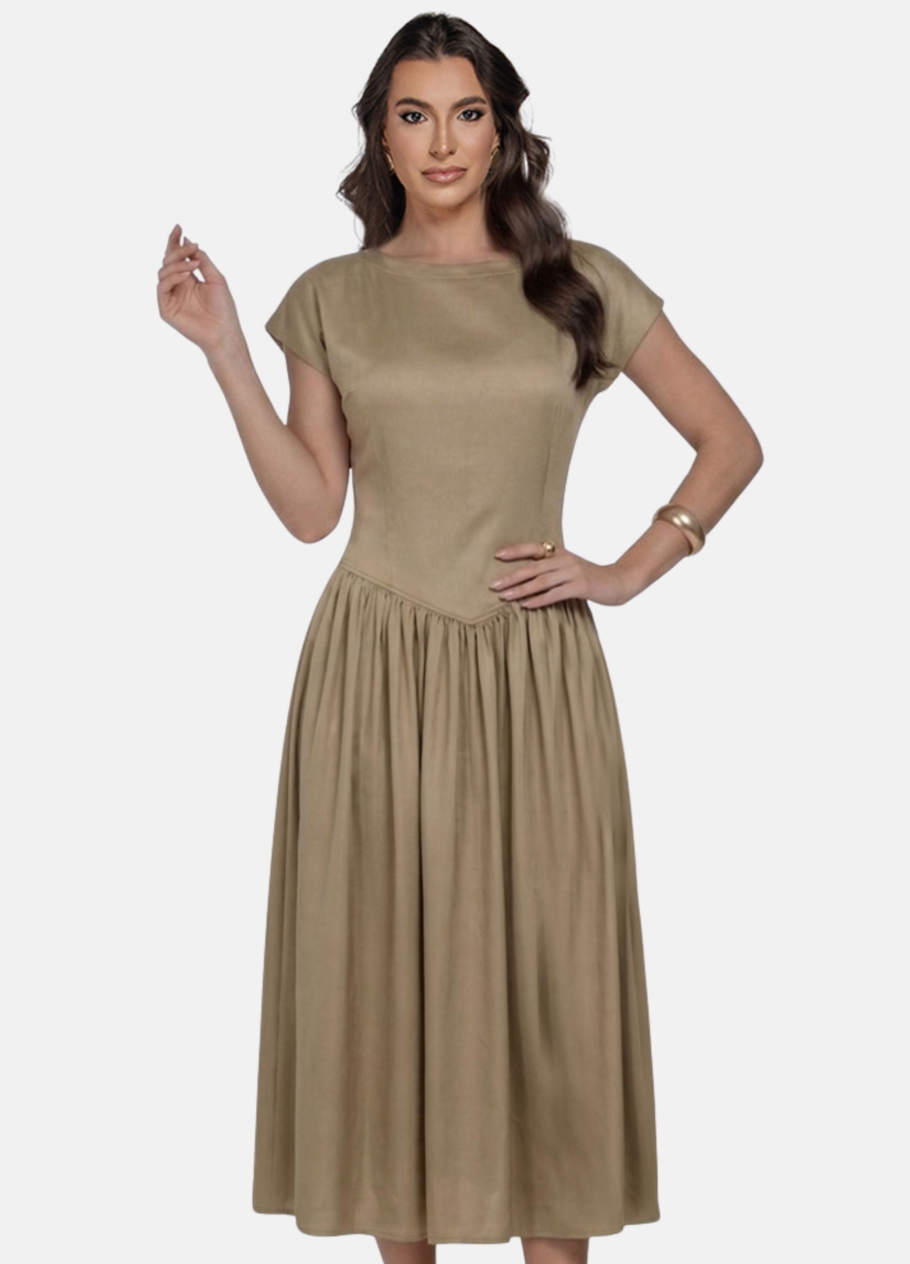 VESTIDO MIDI CIRRE COM SAIA FRANZIDA