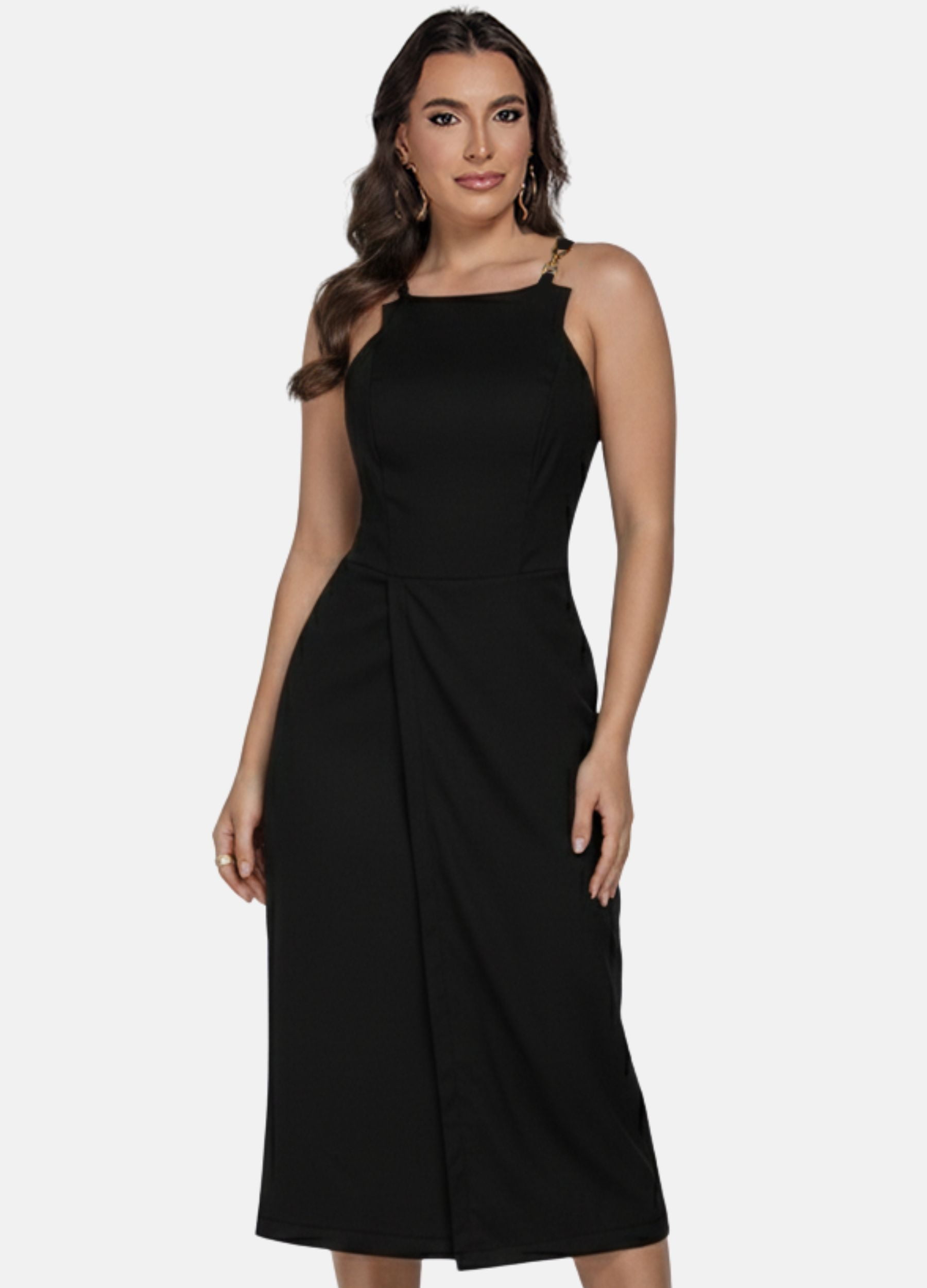 VESTIDO MIDI COM FIVELA NAS ALÇAS E SAIA ENVELOPE