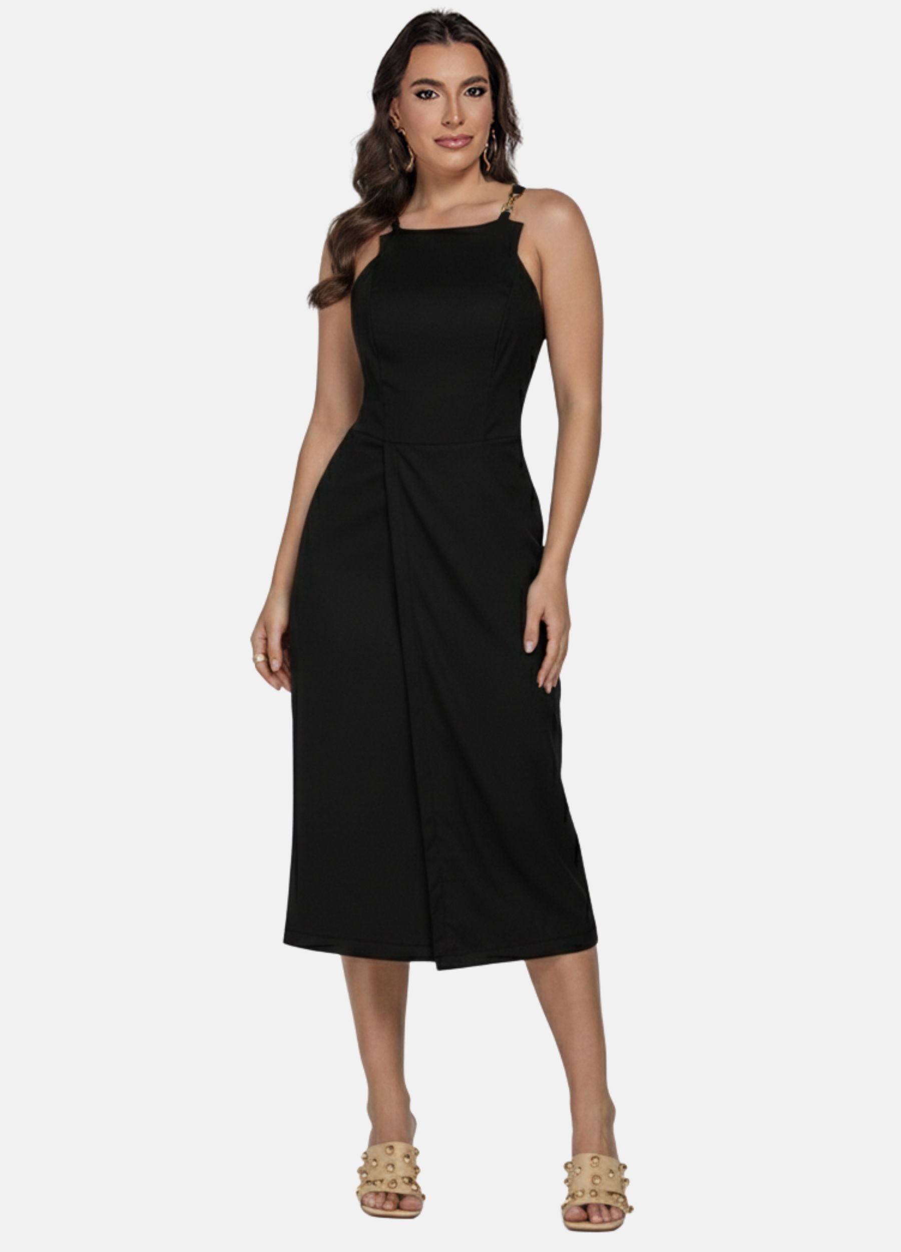 VESTIDO MIDI COM FIVELA NAS ALÇAS E SAIA ENVELOPE VESTIDO MIDI COM FIVELA NAS ALÇAS E SAIA ENVELOPE