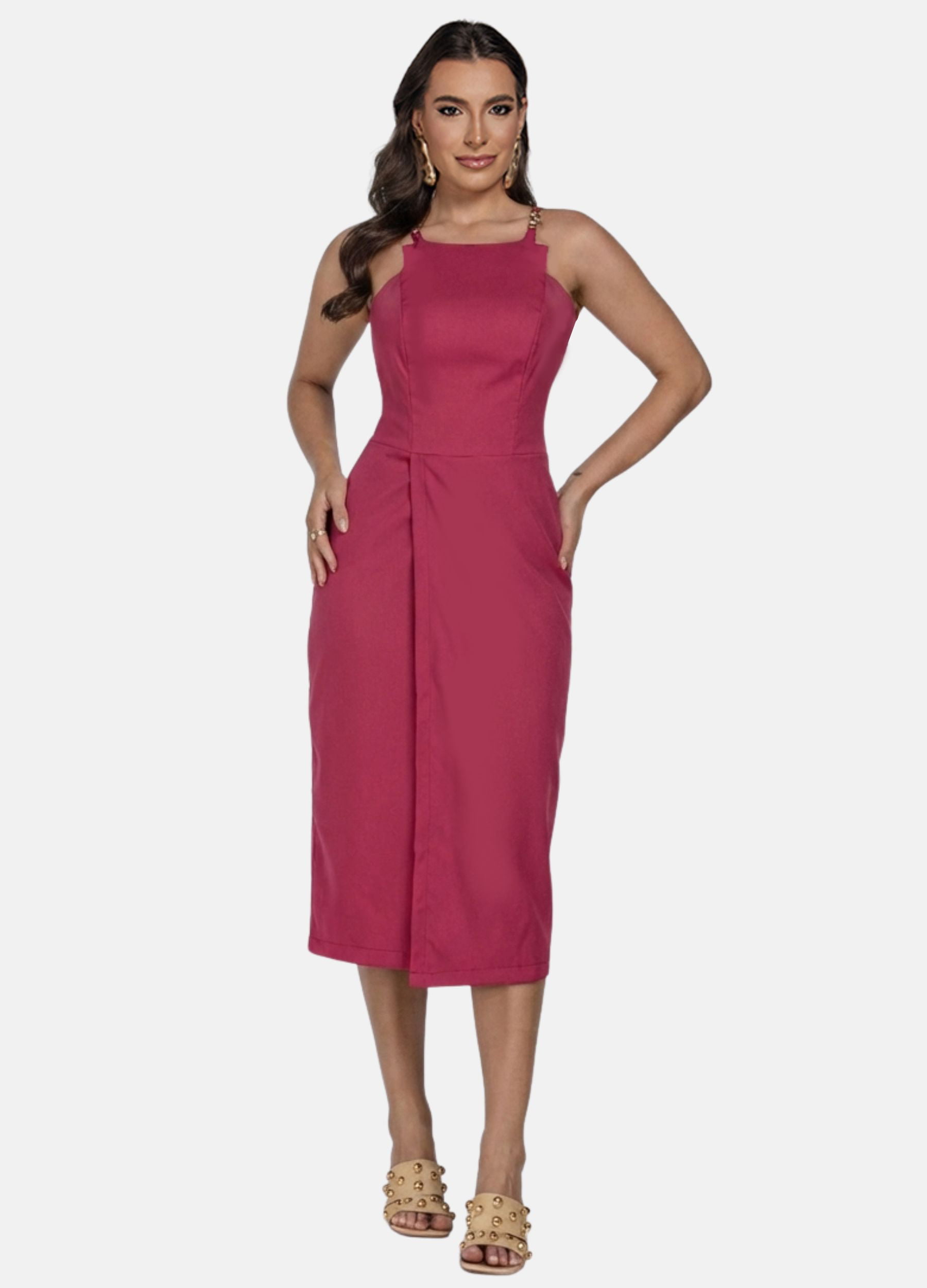 VESTIDO MIDI COM FIVELA NAS ALÇAS E SAIA ENVELOPE