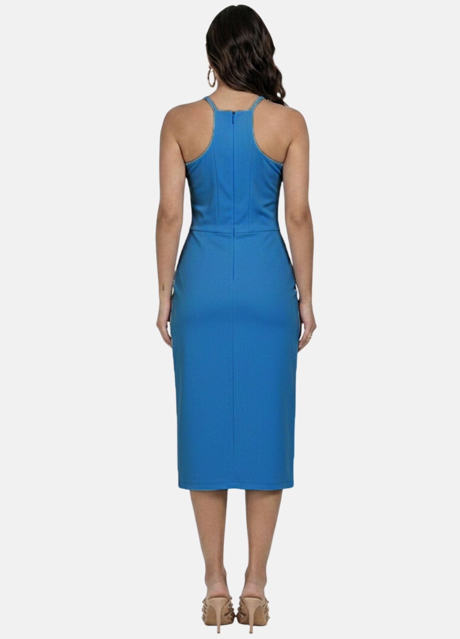 VESTIDO MIDI COM FIVELA NAS ALÇAS E SAIA ENVELOPE