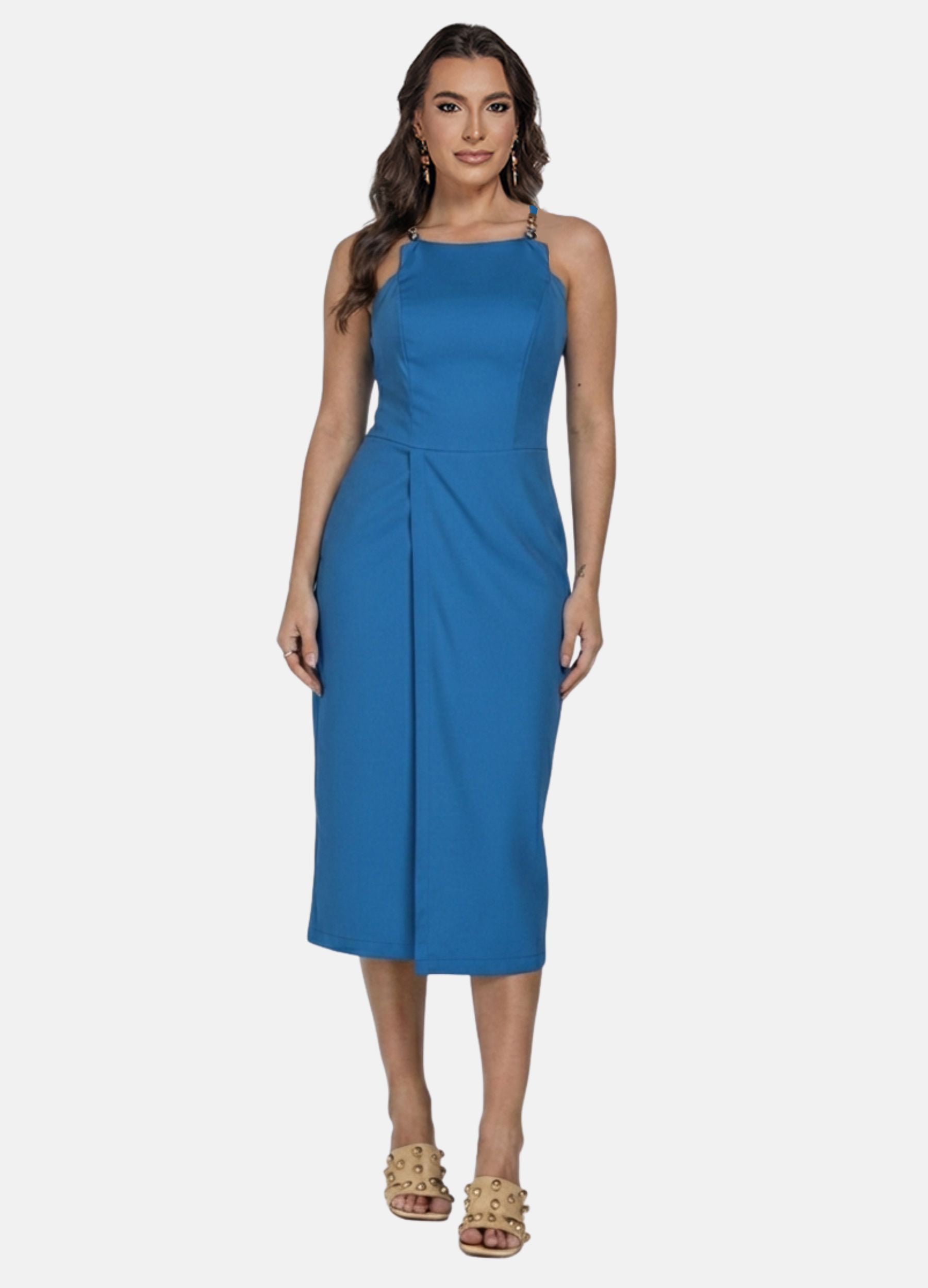 VESTIDO MIDI COM FIVELA NAS ALÇAS E SAIA ENVELOPE