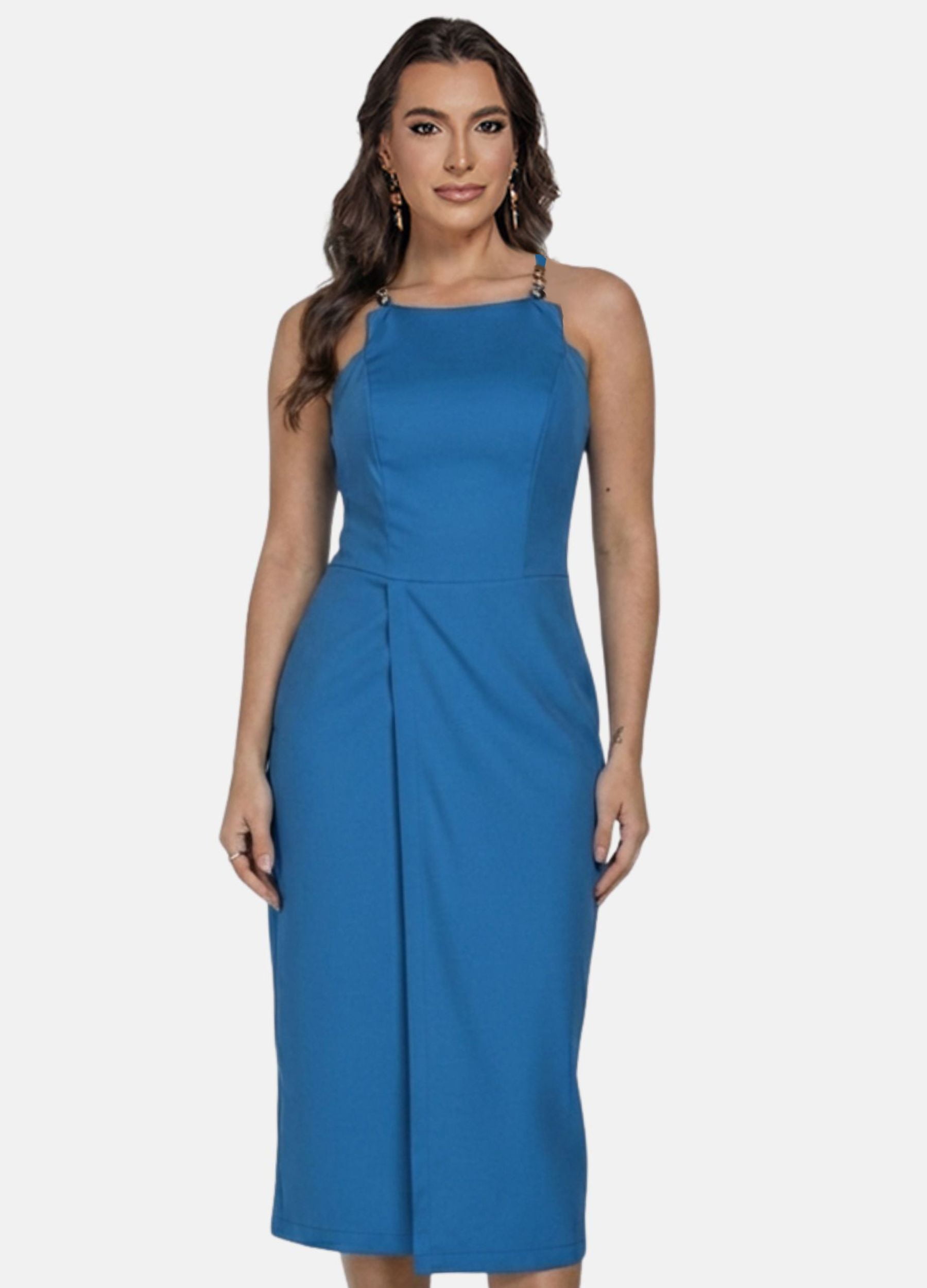 VESTIDO MIDI COM FIVELA NAS ALÇAS E SAIA ENVELOPE VESTIDO MIDI COM FIVELA NAS ALÇAS E SAIA ENVELOPE