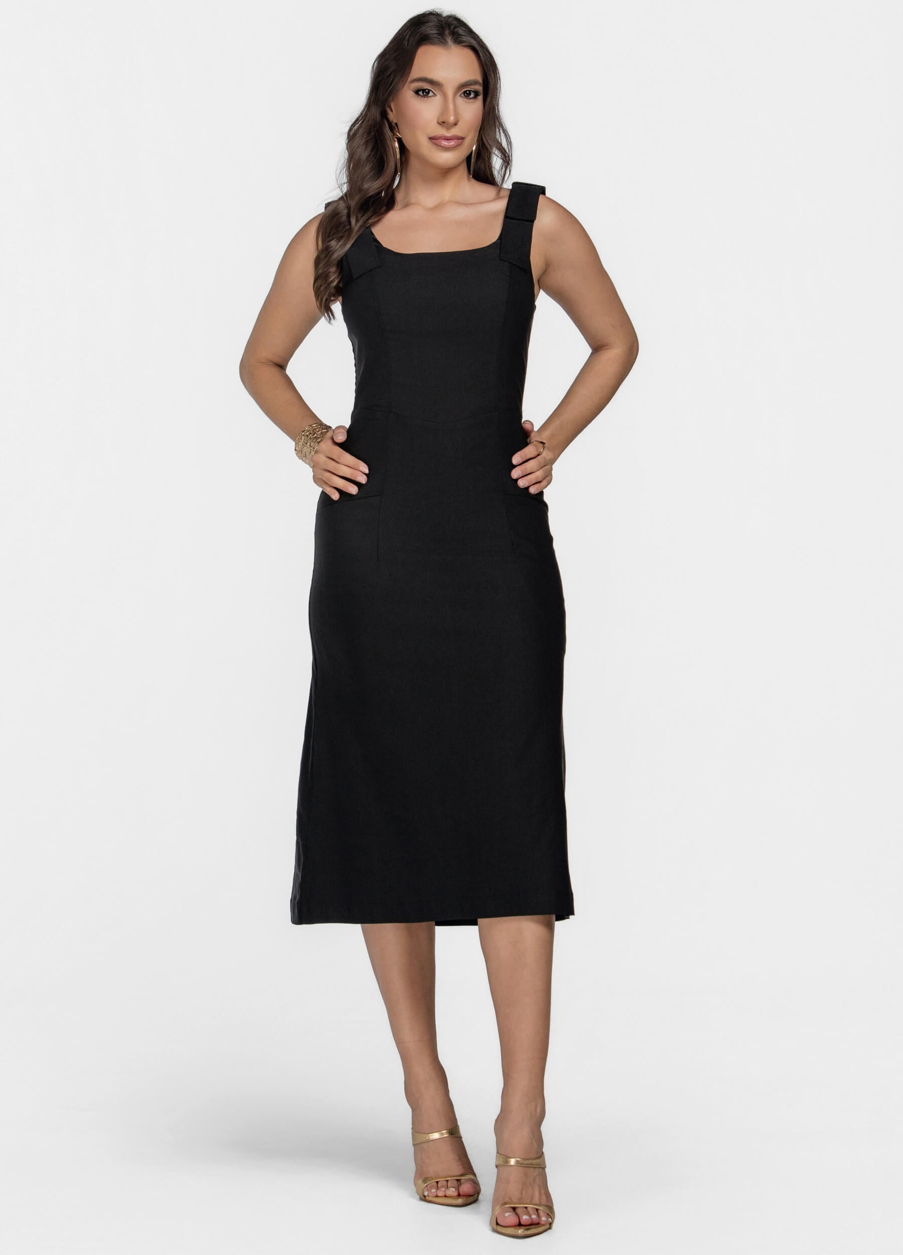 VESTIDO MIDI COM LAÇO NO OMBRO 