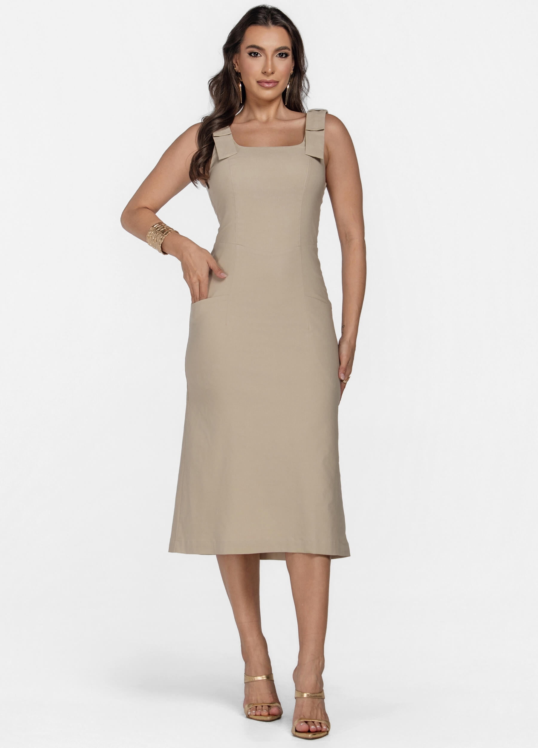 VESTIDO MIDI COM LAÇO NO OMBRO 