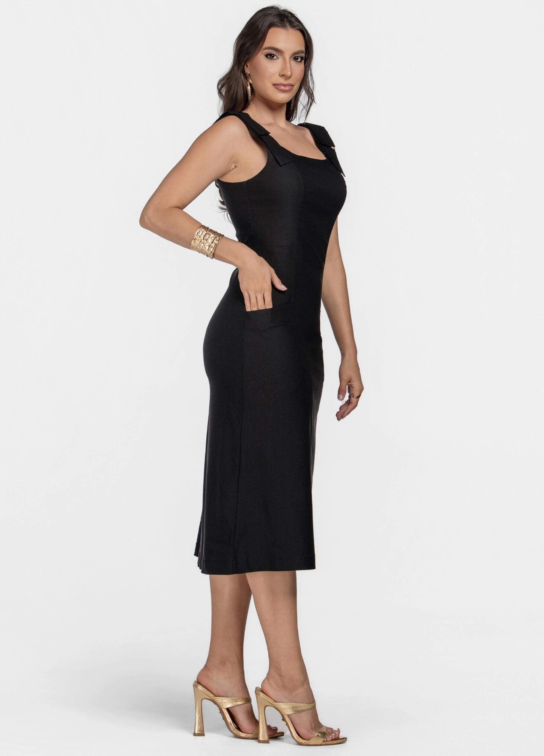VESTIDO MIDI COM LAÇO NO OMBRO 