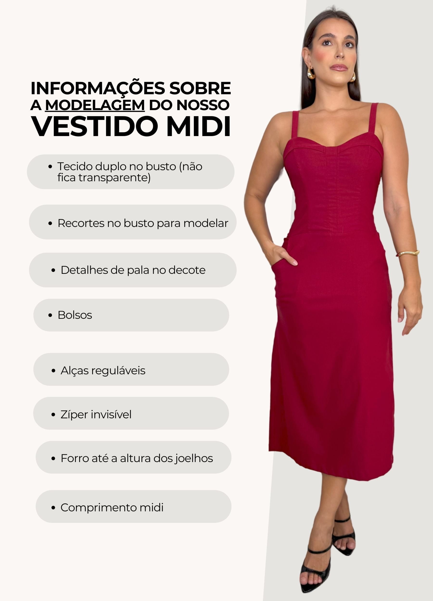 VESTIDO MIDI COM PALA NO DECOTE E BOLSO 