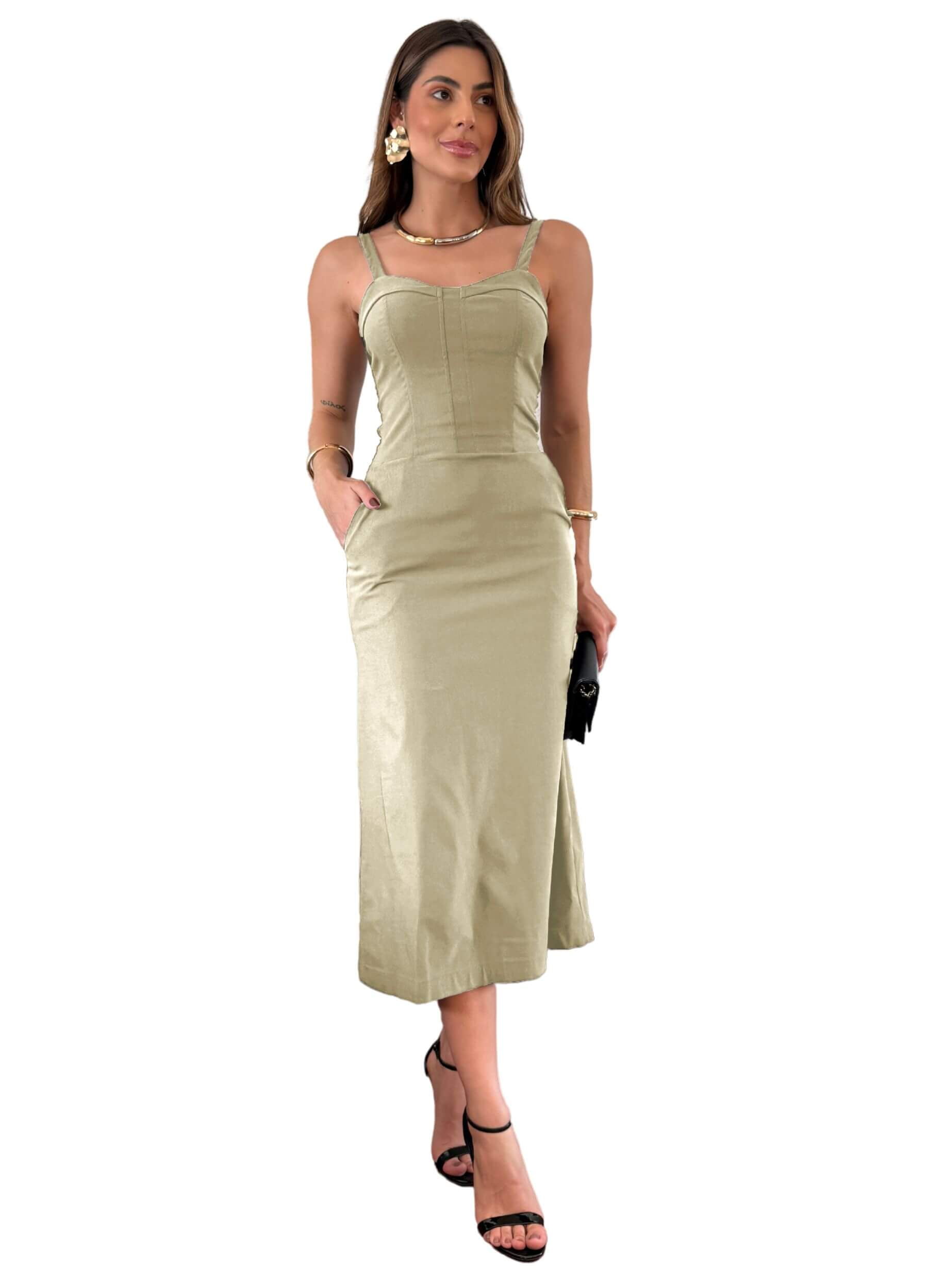 VESTIDO MIDI COM PALA NO DECOTE E BOLSO 