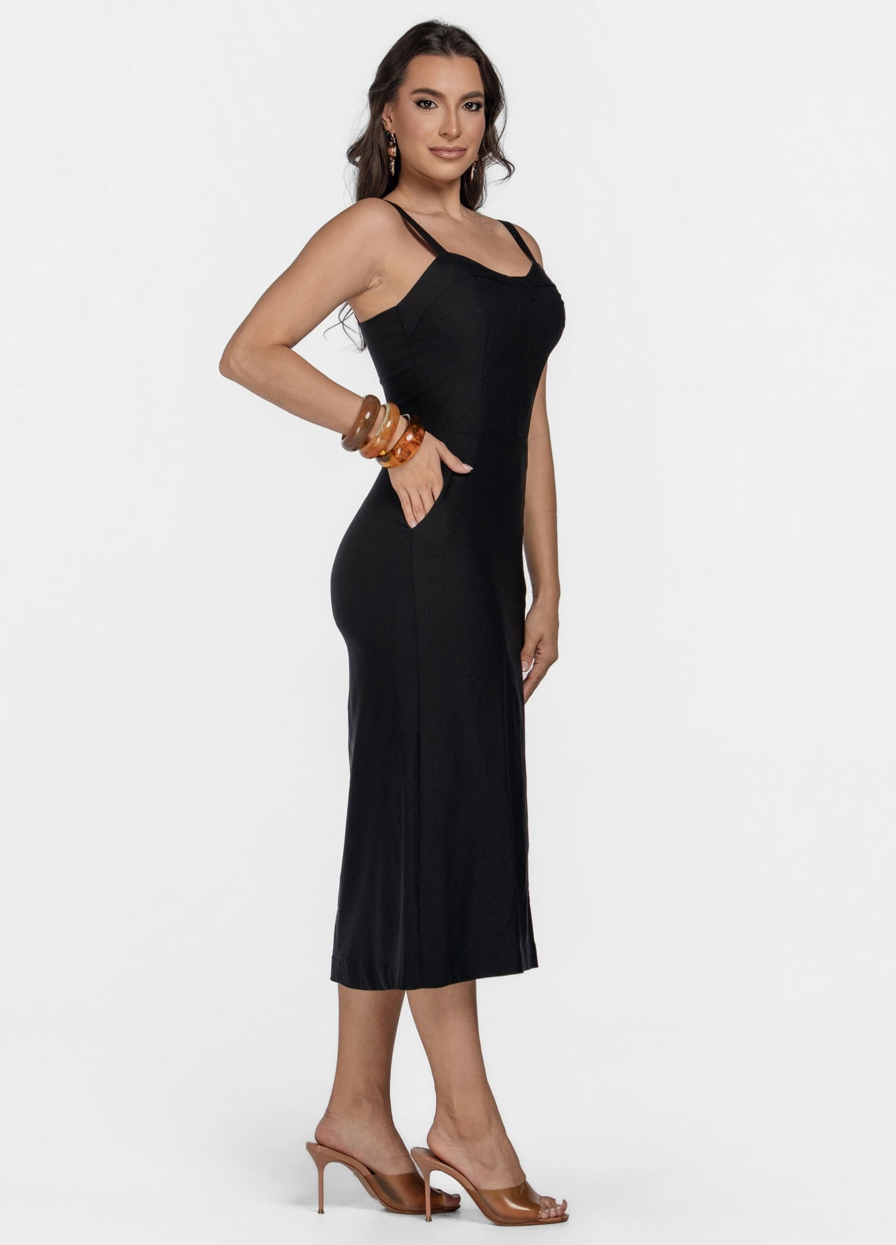 VESTIDO MIDI COM PALA NO DECOTE E BOLSO 