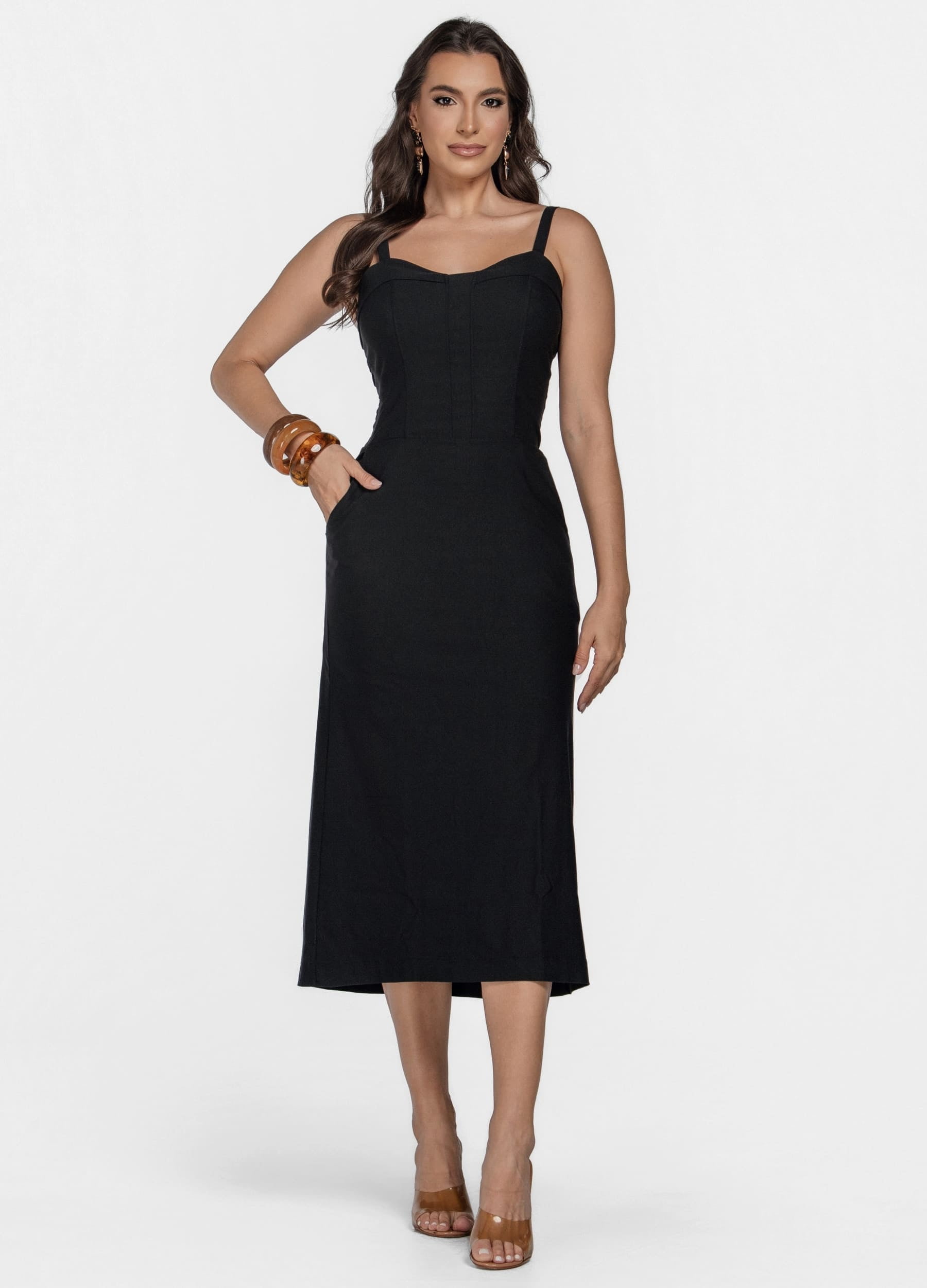 VESTIDO MIDI COM PALA NO DECOTE E BOLSO 