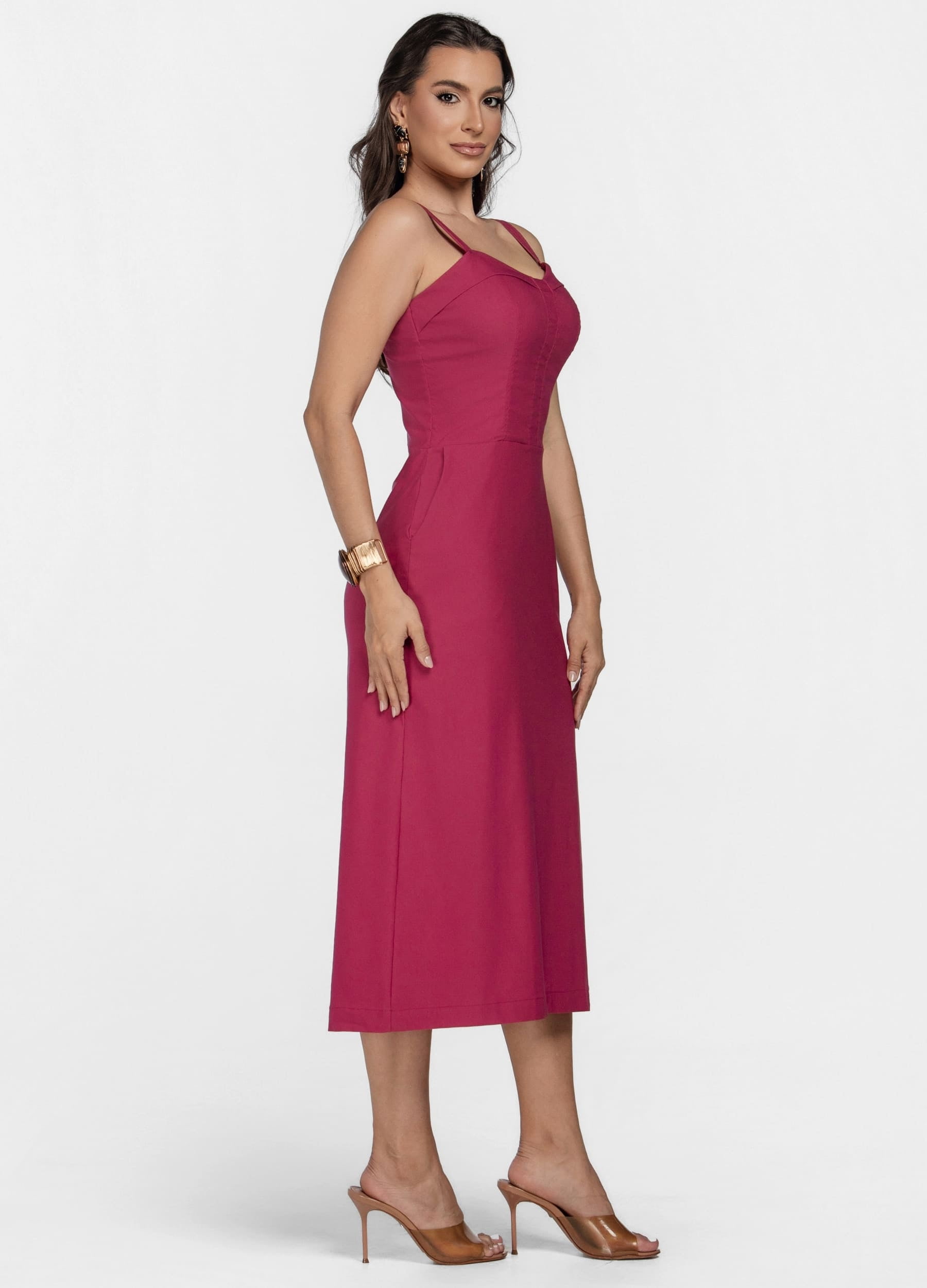 VESTIDO MIDI COM PALA NO DECOTE E BOLSO 
