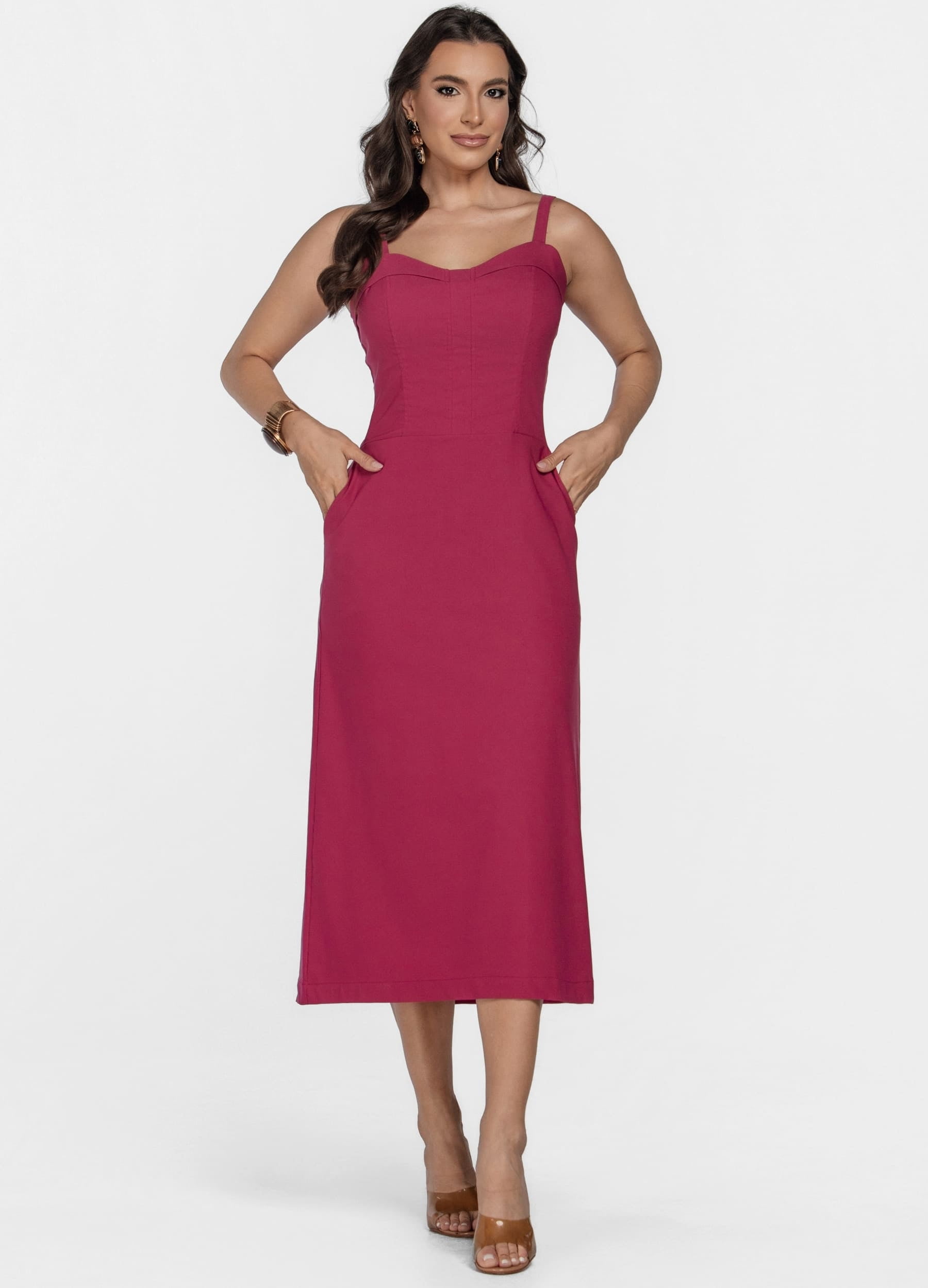 VESTIDO MIDI COM PALA NO DECOTE E BOLSO 
