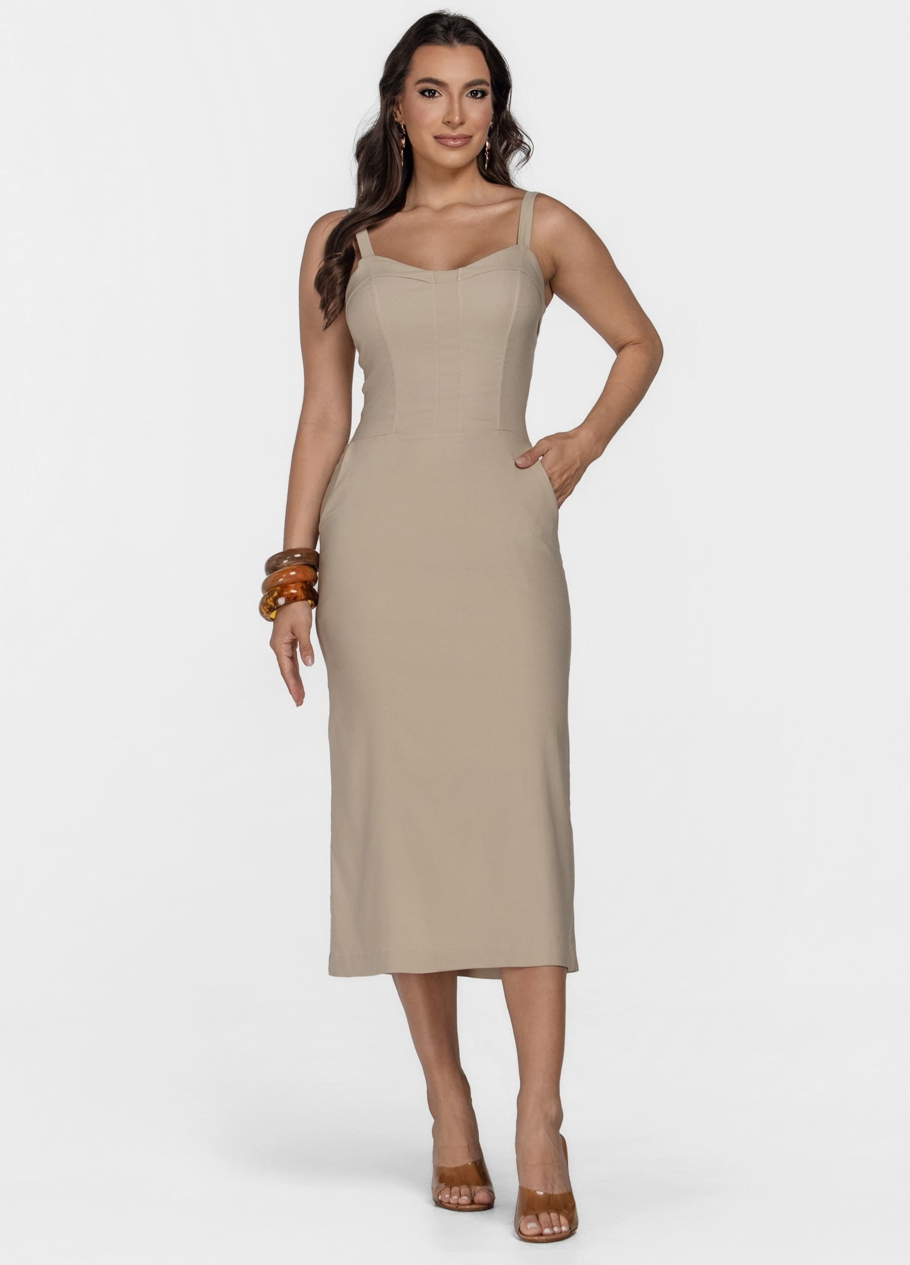 VESTIDO MIDI COM PALA NO DECOTE E BOLSO 