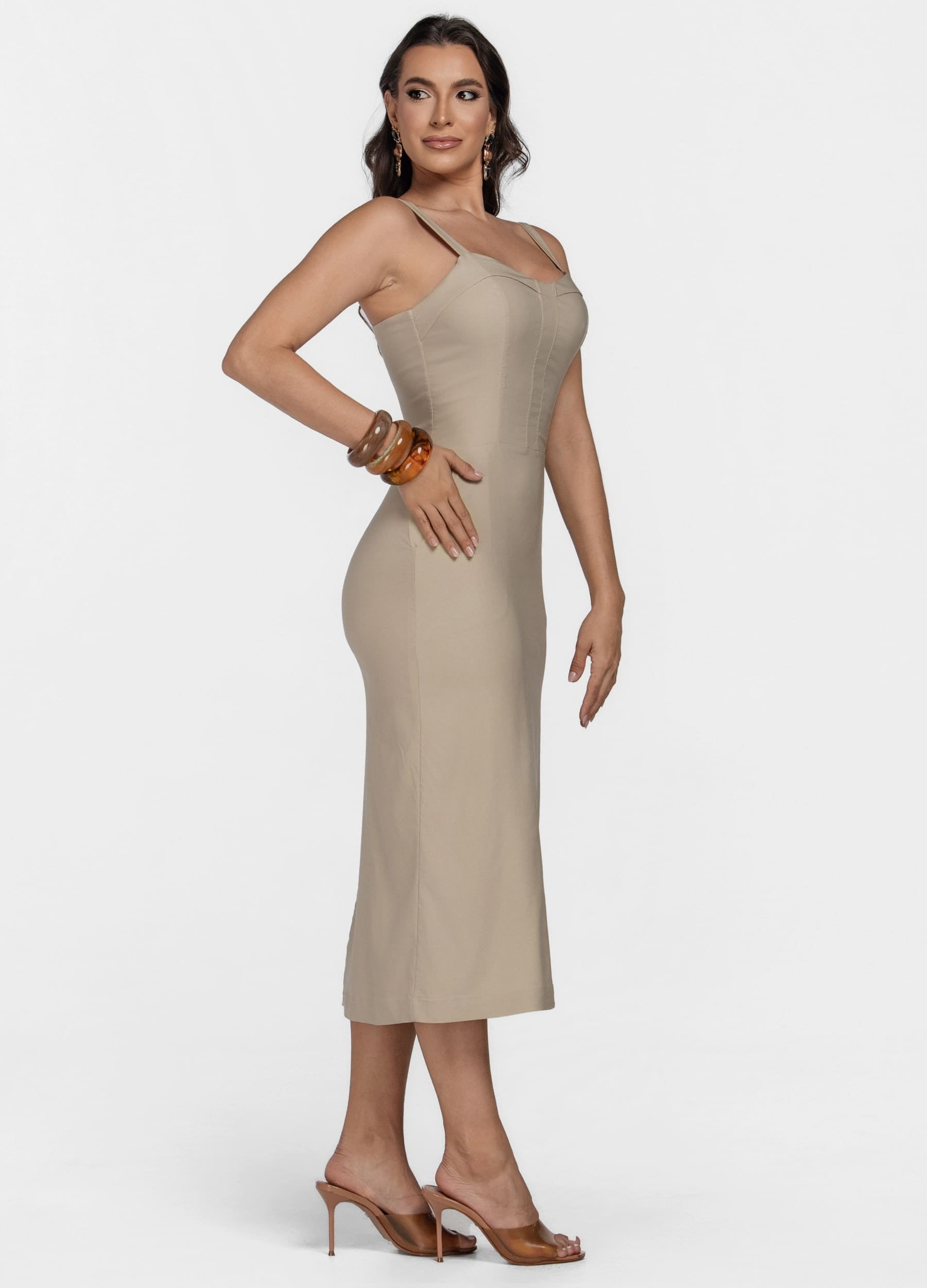 VESTIDO MIDI COM PALA NO DECOTE E BOLSO 