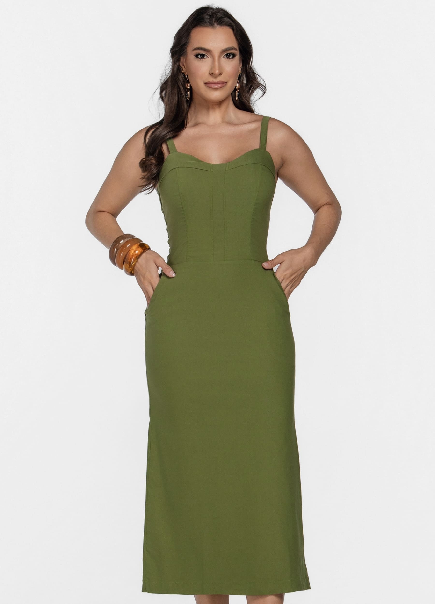 VESTIDO MIDI COM PALA NO DECOTE E BOLSO