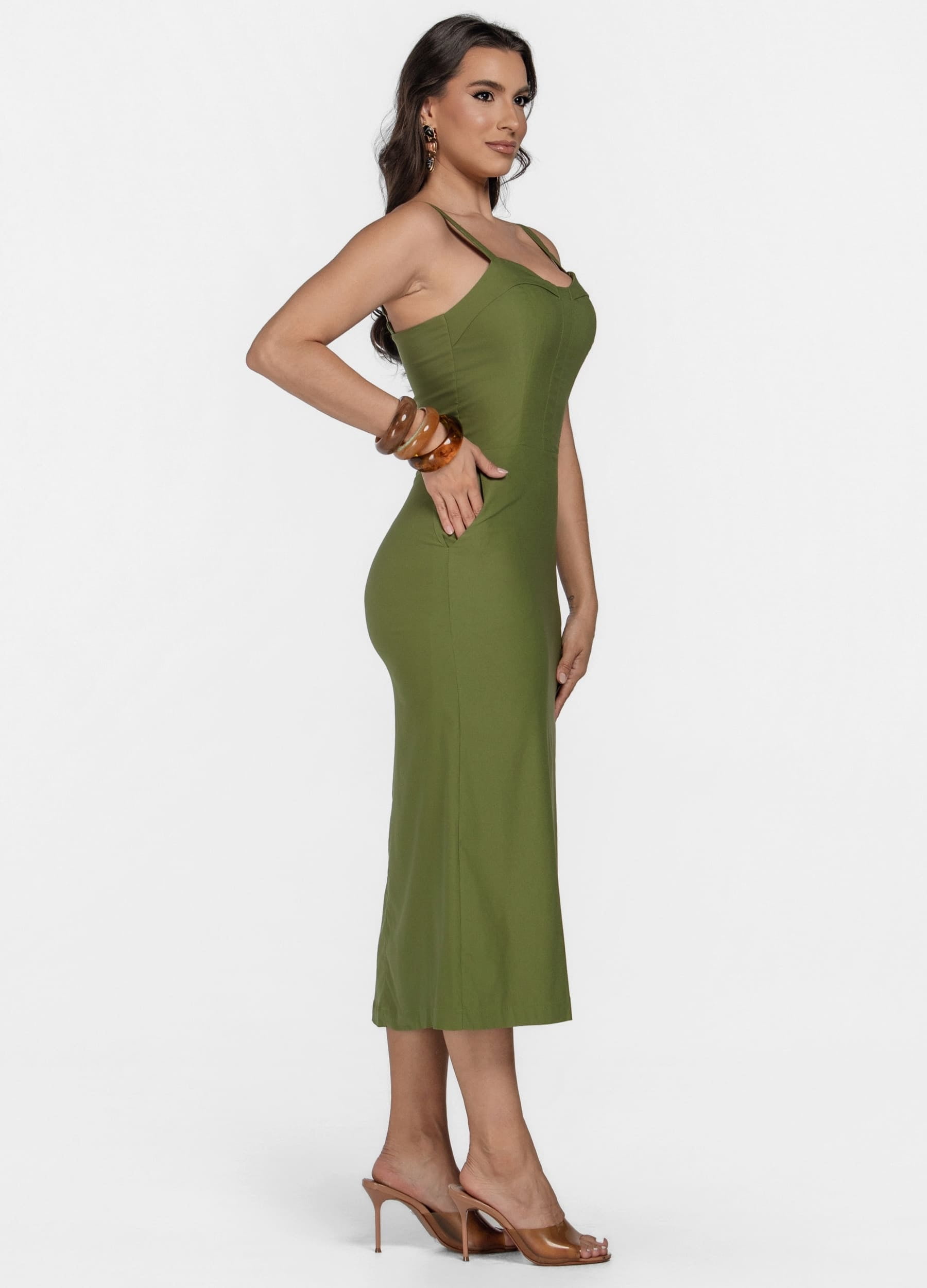 VESTIDO MIDI COM PALA NO DECOTE E BOLSO 
