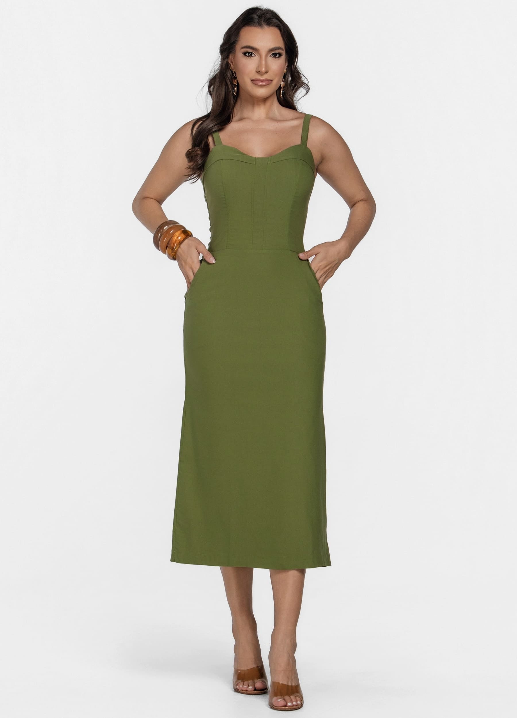 VESTIDO MIDI COM PALA NO DECOTE E BOLSO 