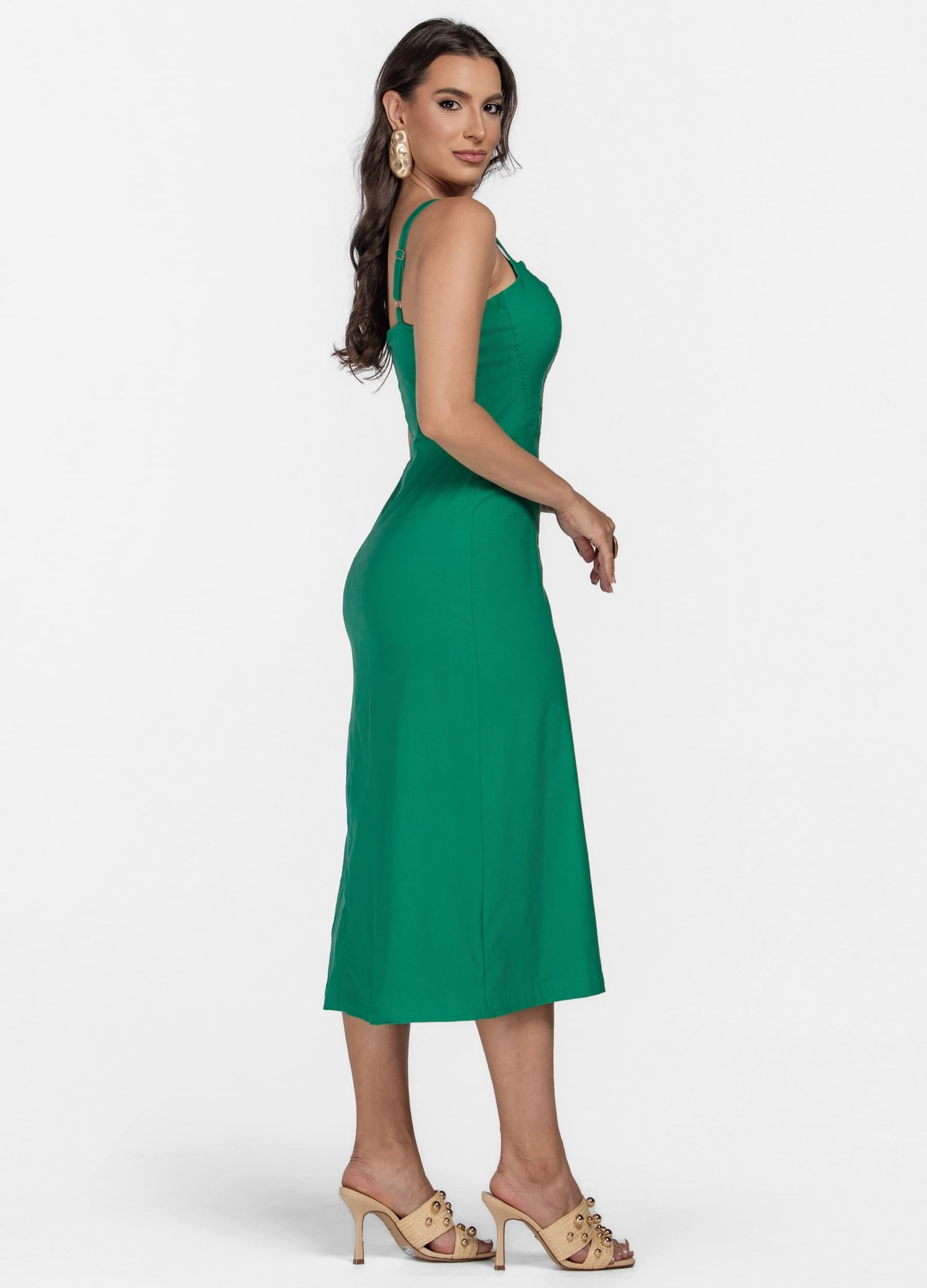 VESTIDO MIDI COM RECORTES E ABERTURA NO DECOTE
