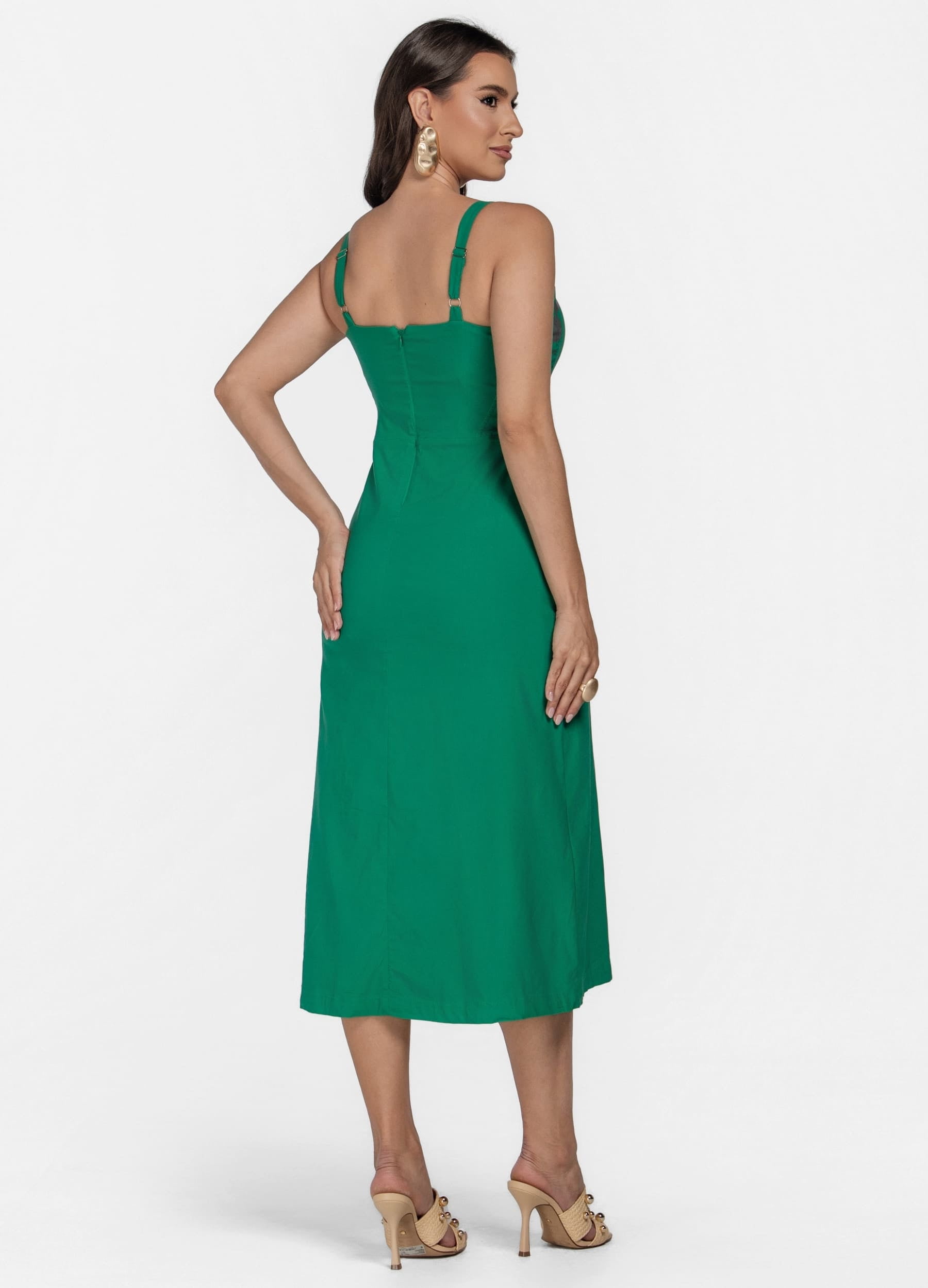 VESTIDO MIDI COM RECORTES E ABERTURA NO DECOTE