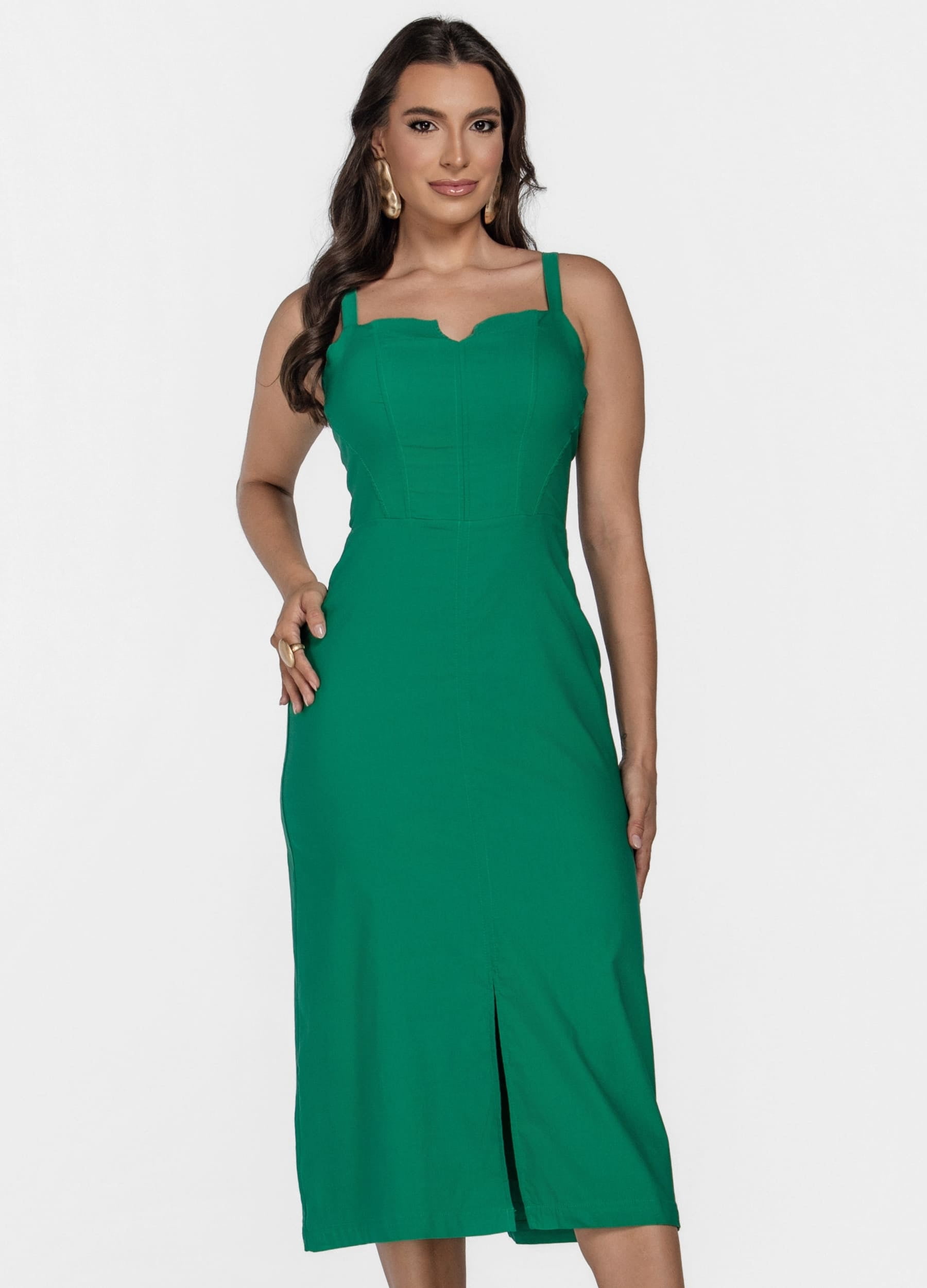 VESTIDO MIDI COM RECORTES E ABERTURA NO DECOTE