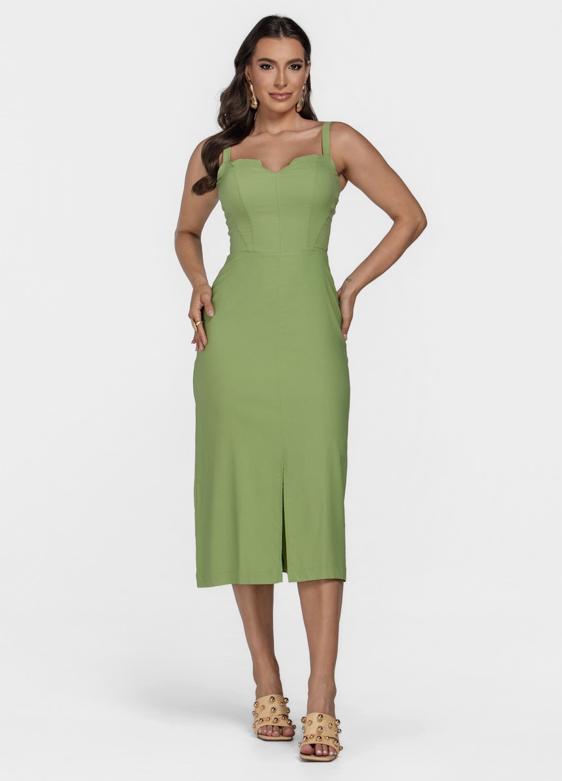 VESTIDO MIDI COM RECORTES E ABERTURA NO DECOTE
