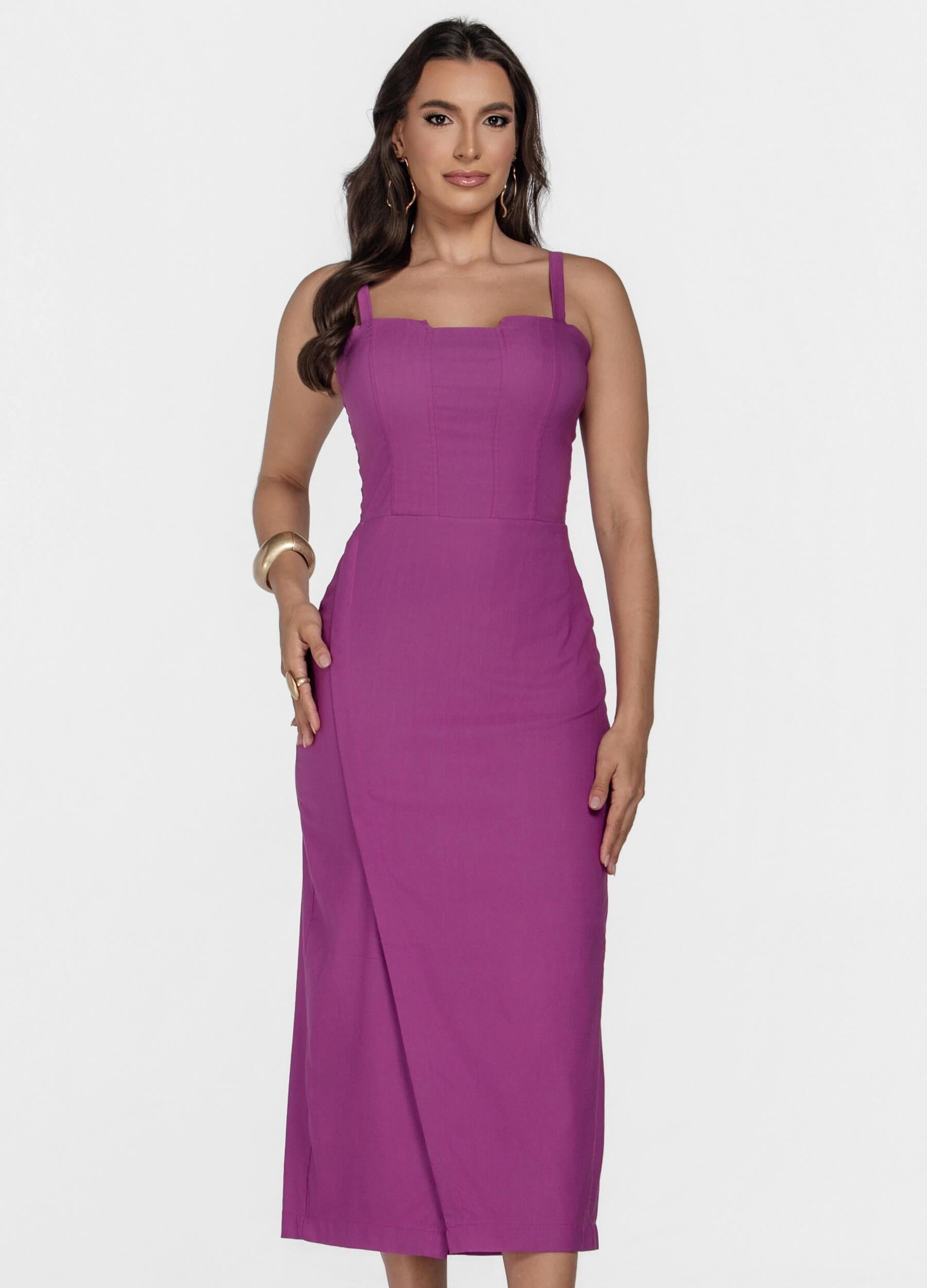 VESTIDO MIDI COM RECORTES E SAIA ENVELOPE