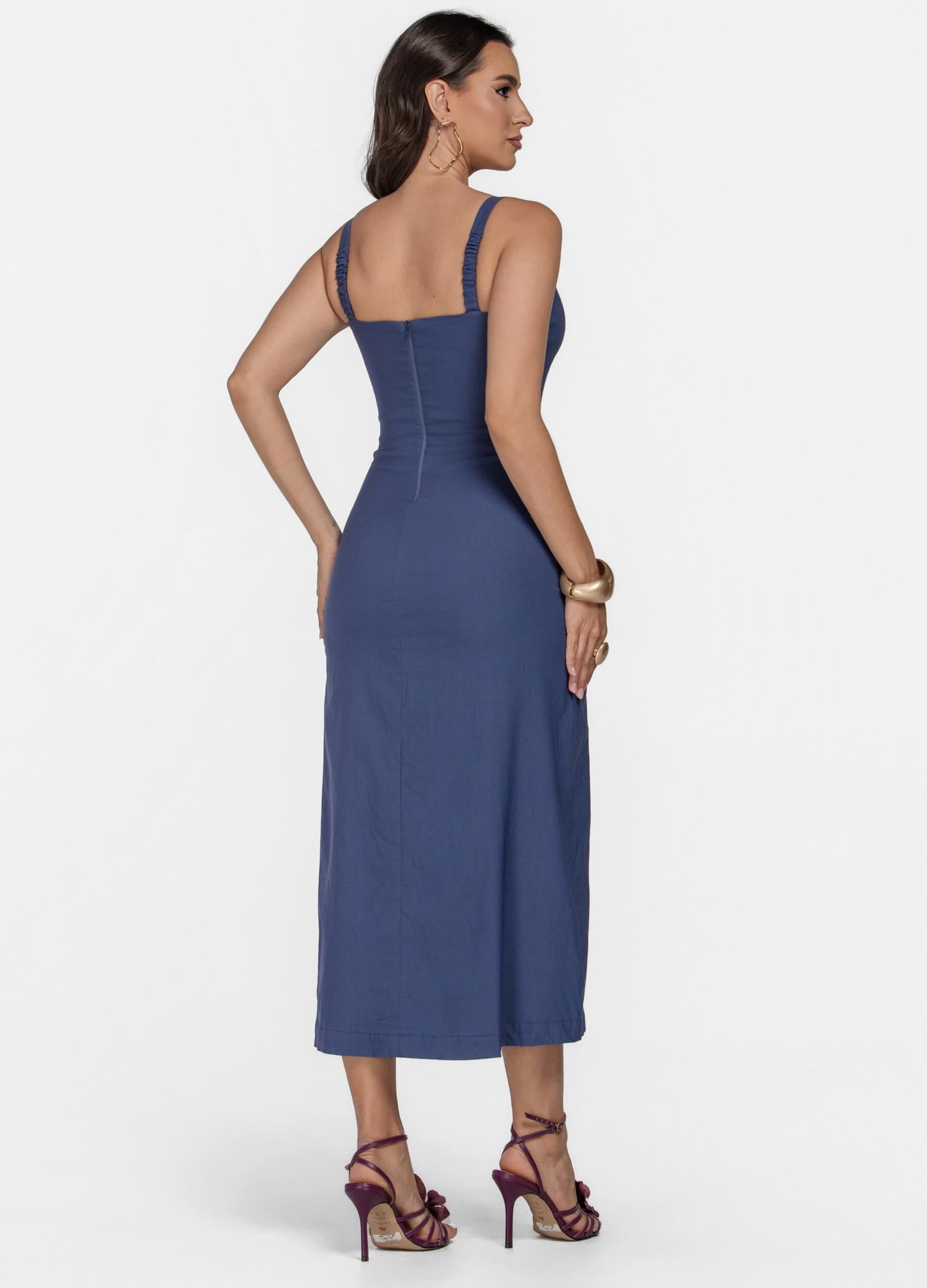 VESTIDO MIDI COM RECORTES E SAIA ENVELOPE 