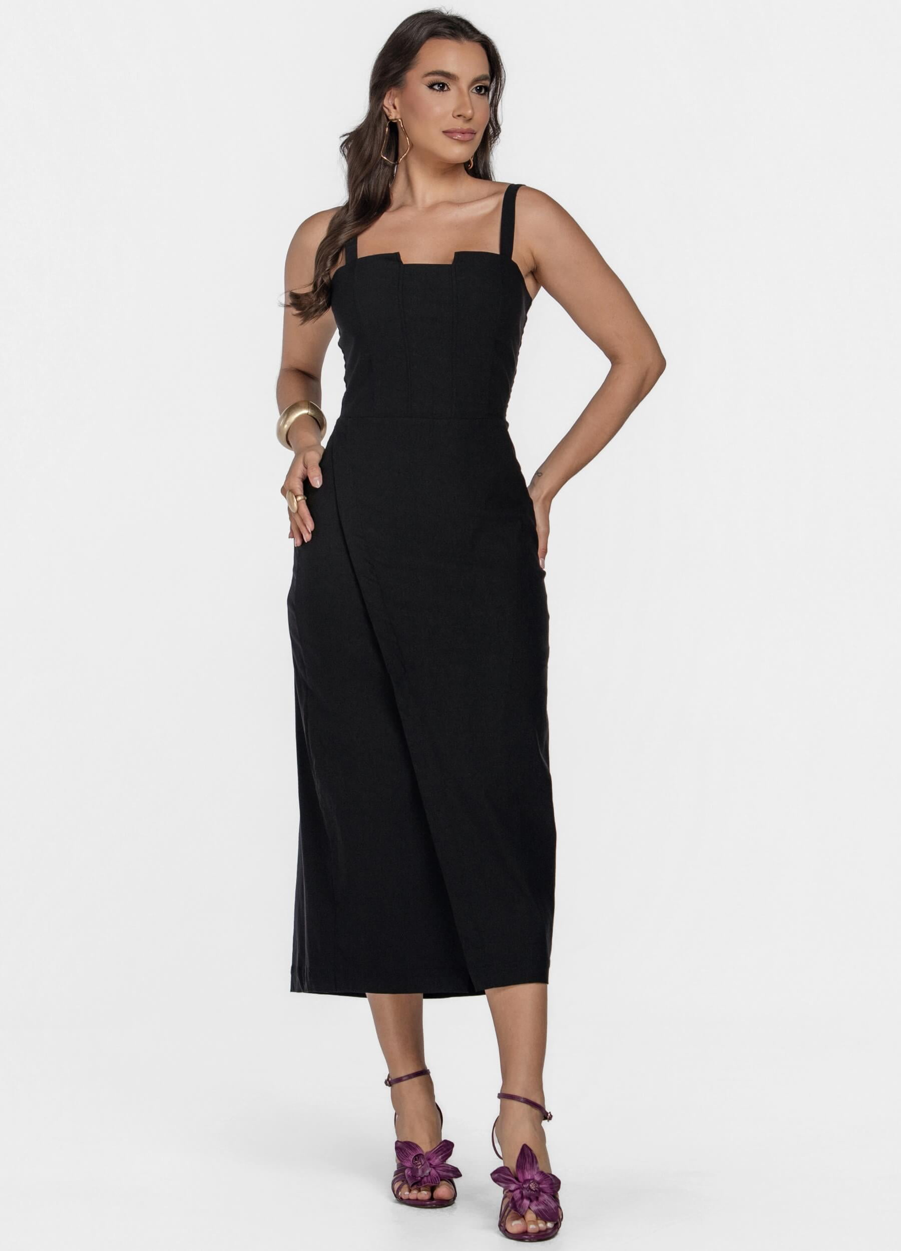 VESTIDO MIDI COM RECORTES E SAIA ENVELOPE 