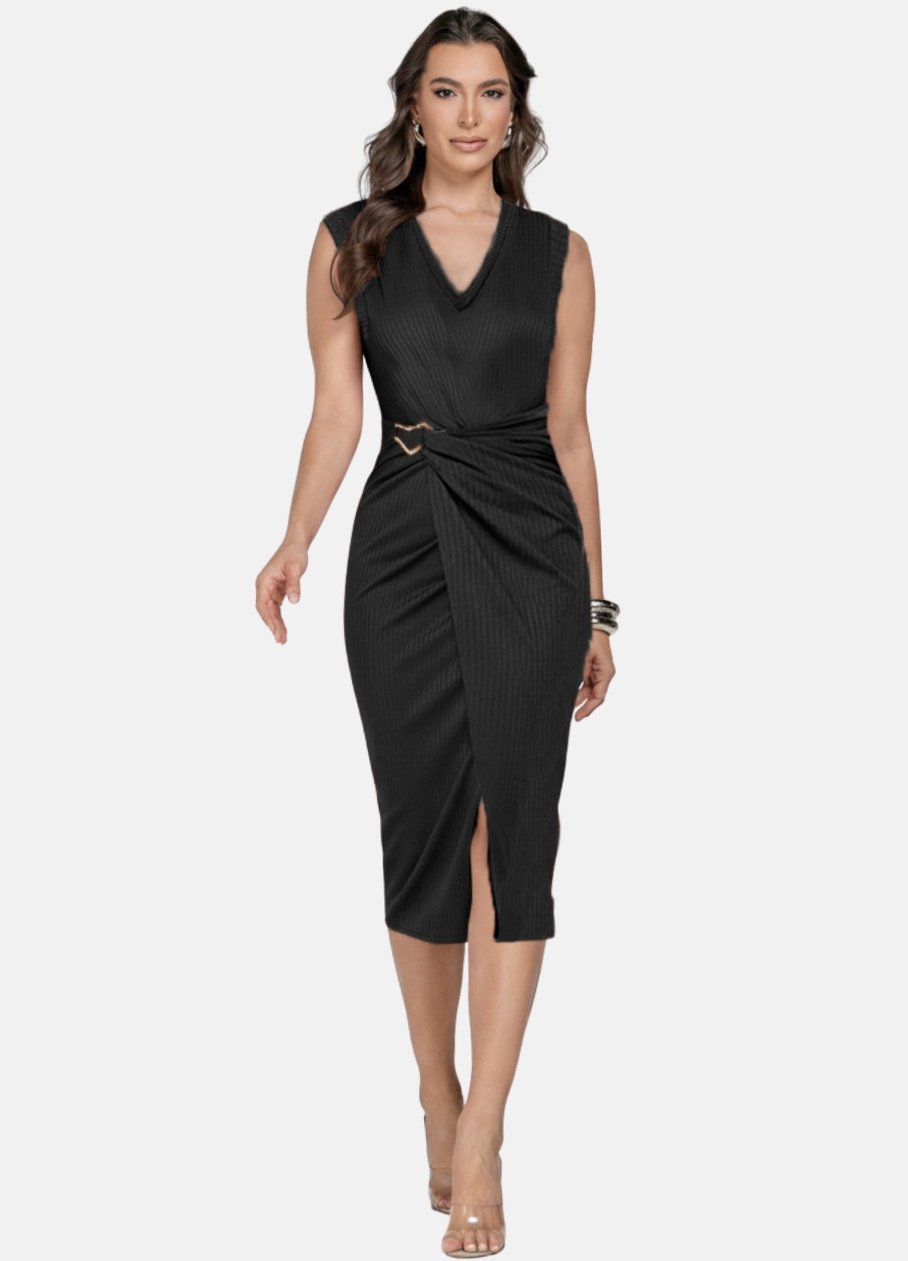VESTIDO MIDI LUIZA CANELADO COM FIVELA 