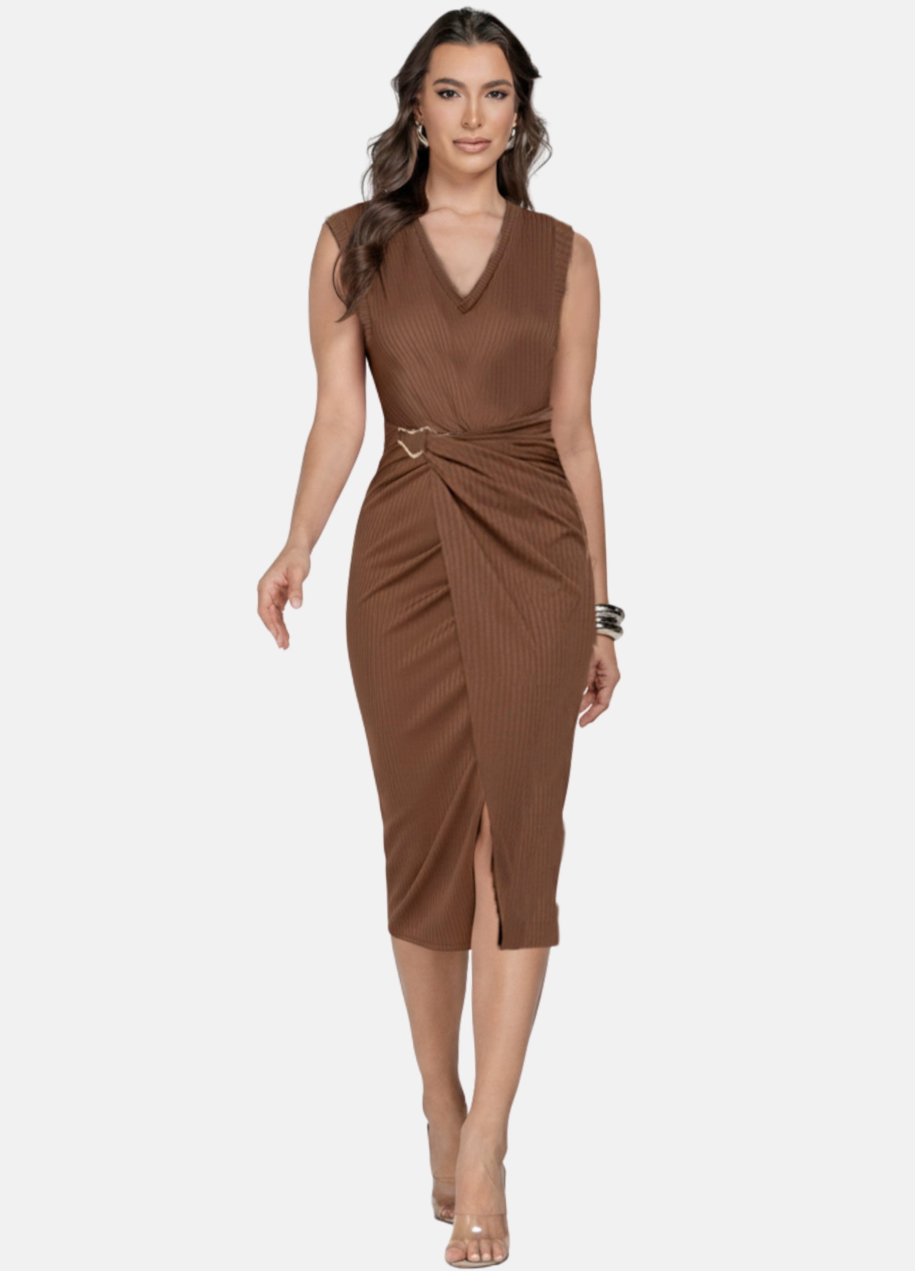 VESTIDO MIDI LUIZA CANELADO COM FIVELA 