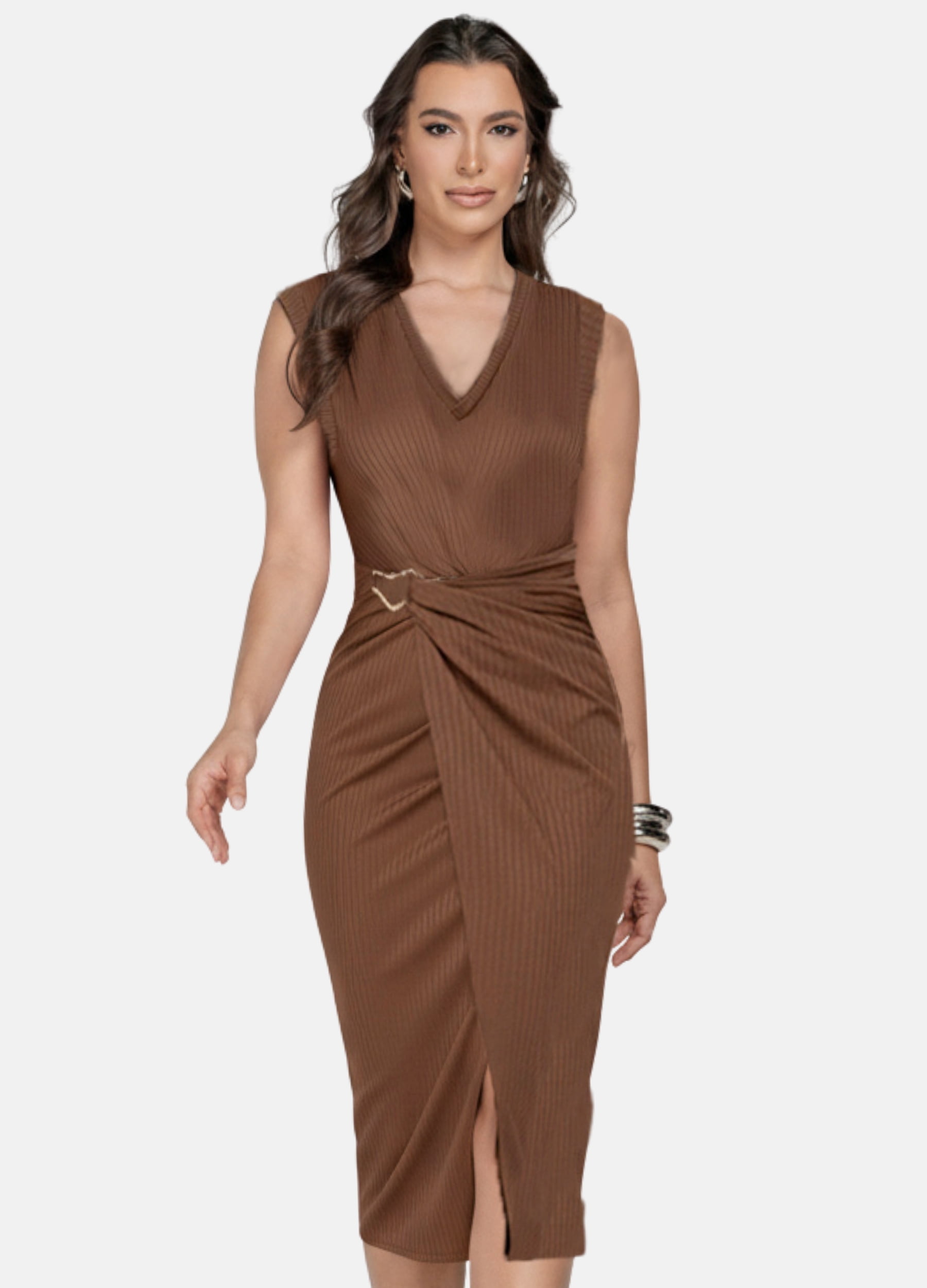 VESTIDO MIDI LUIZA CANELADO COM FIVELA
