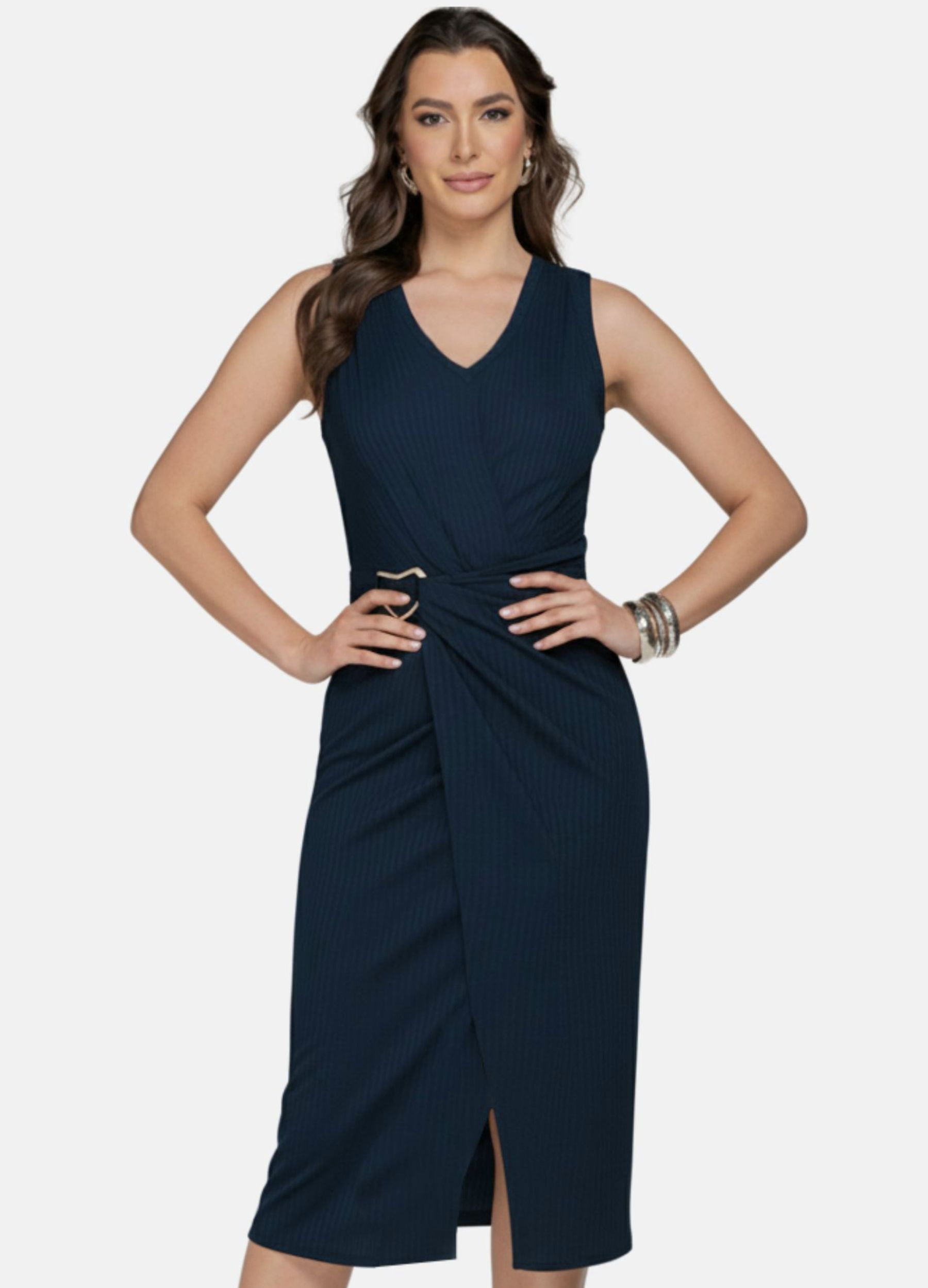 VESTIDO MIDI LUIZA CANELADO COM FIVELA 