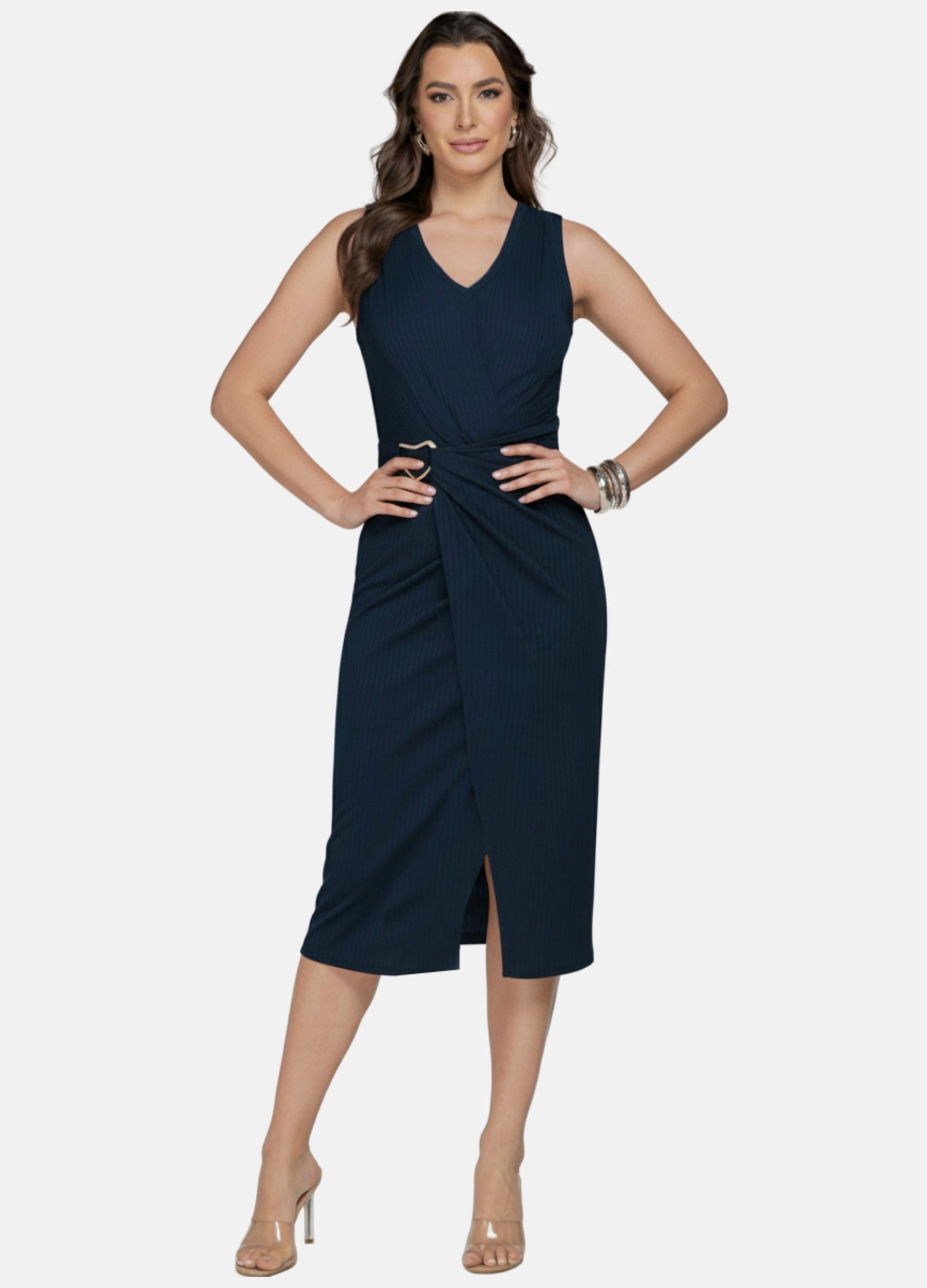 VESTIDO MIDI LUIZA CANELADO COM FIVELA 