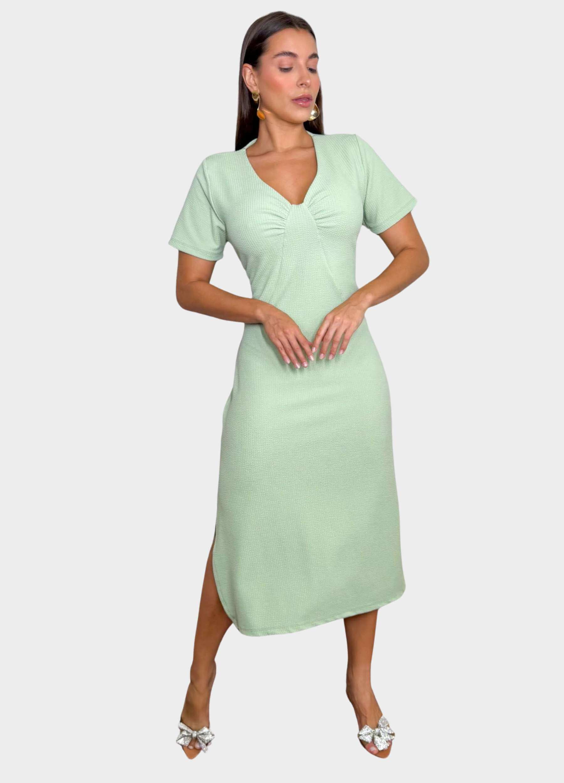 VESTIDO MIDI MANGA CURTA COM FRANZIDO NO BUSTO
