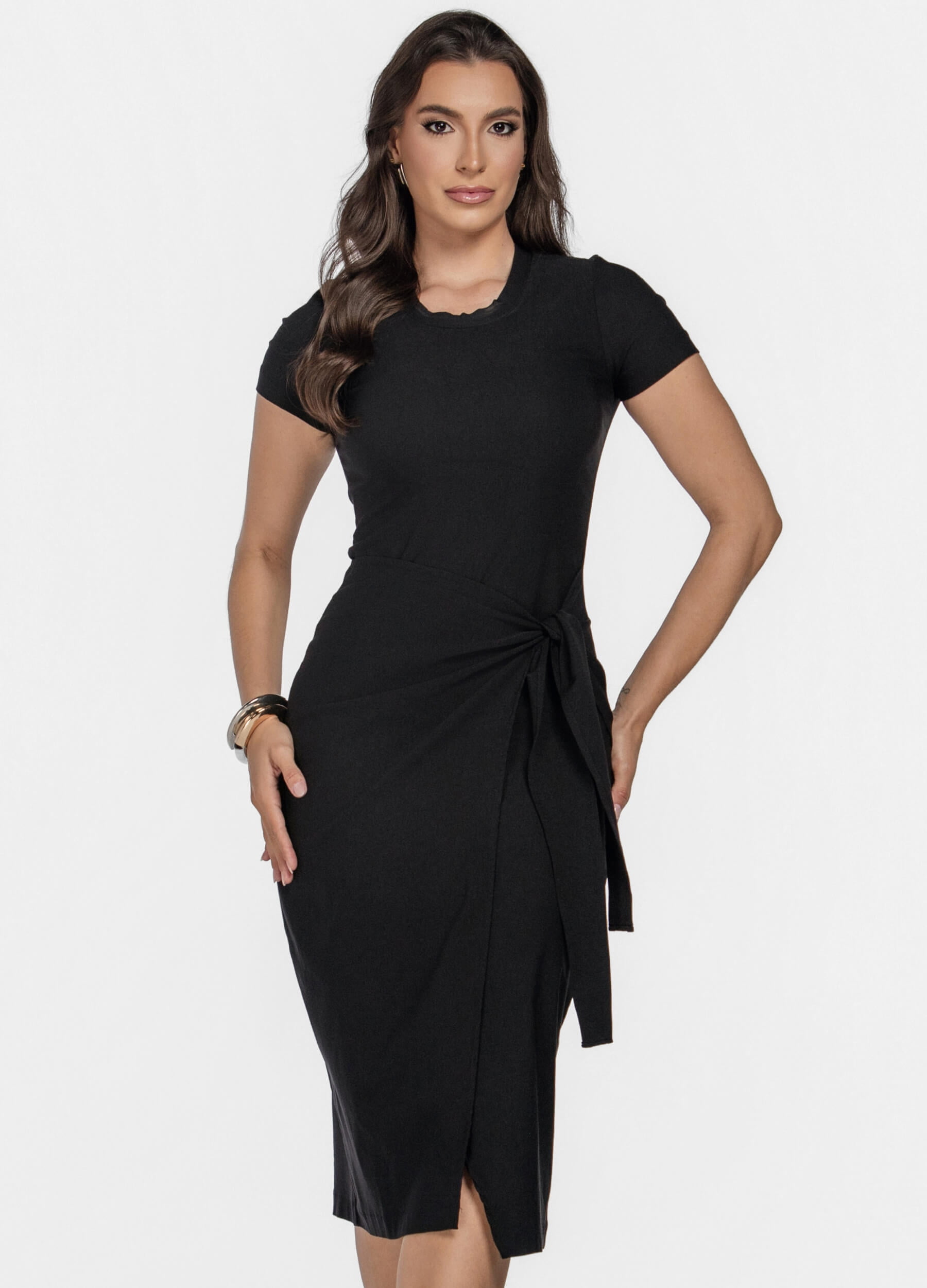 VESTIDO MIDI MANGA CURTA COM TRESPASSE 