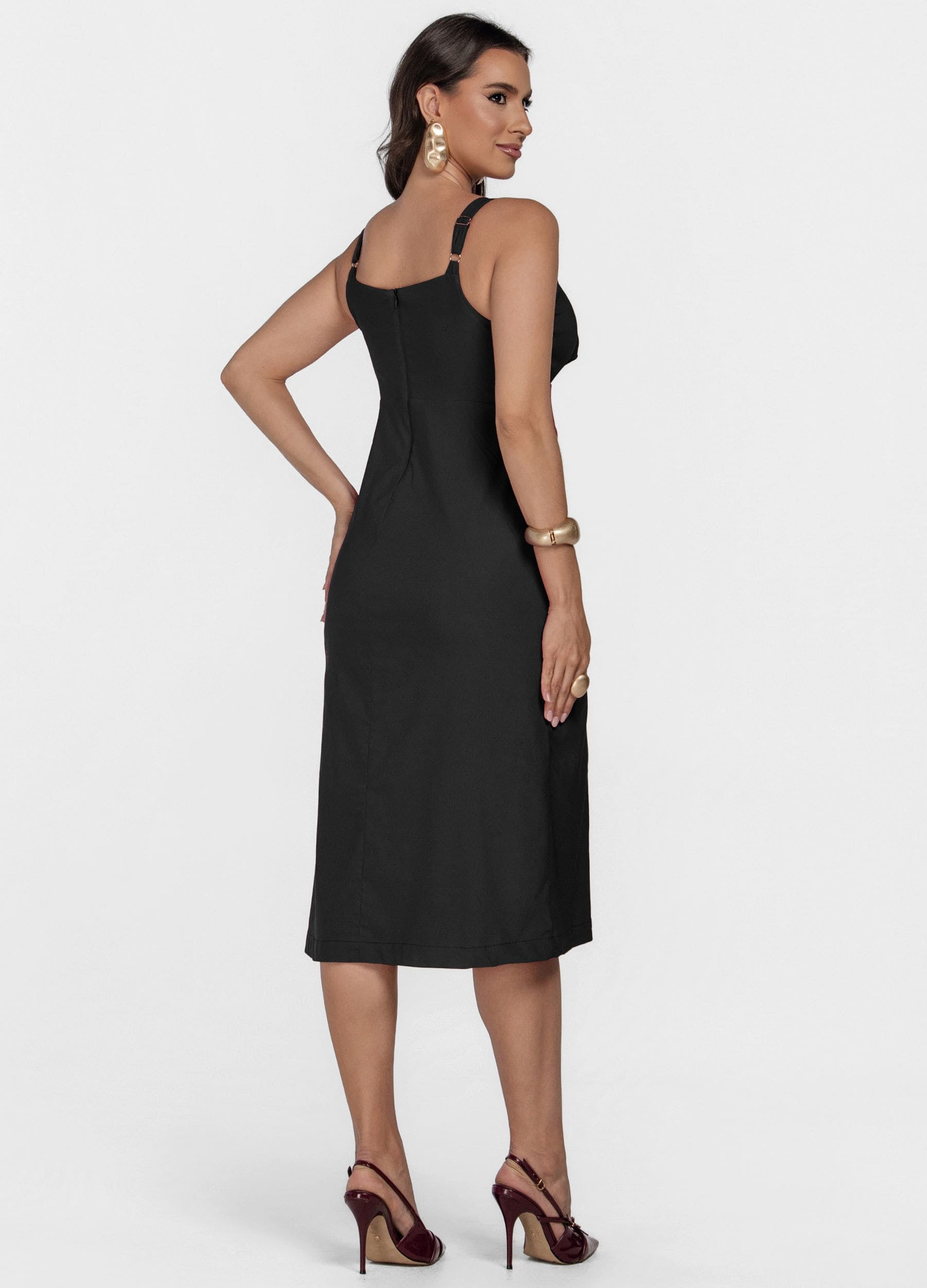 VESTIDO MIDI MARINA COM DECOTE TRESPASSADO E AMARRAÇÃO 