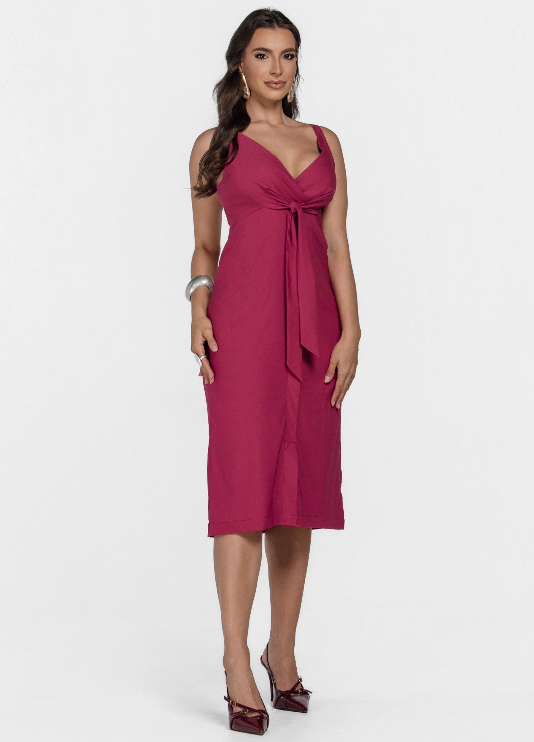VESTIDO MIDI MARINA COM DECOTE TRESPASSADO E AMARRAÇÃO 