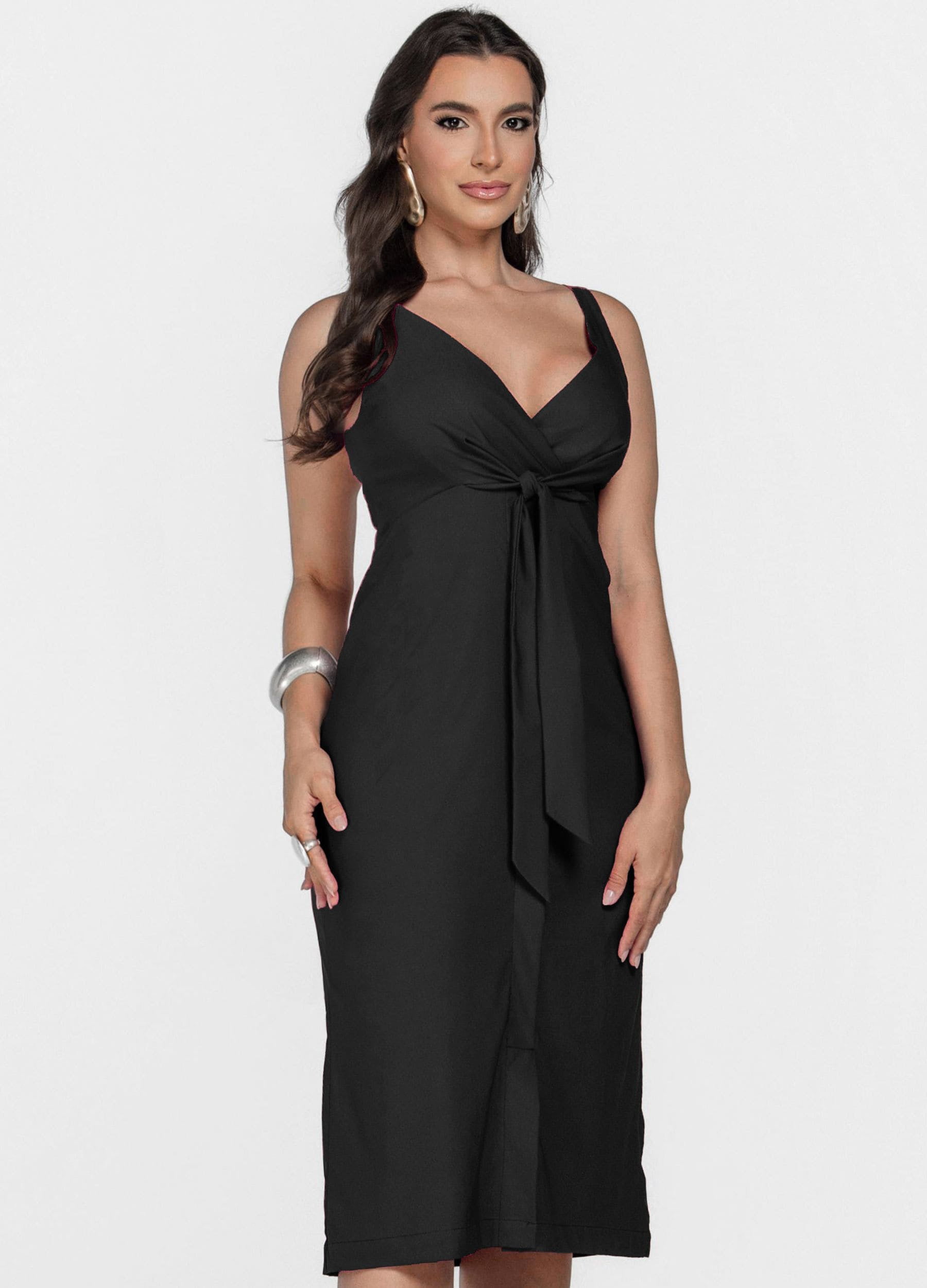VESTIDO MIDI MARINA COM DECOTE TRESPASSADO E AMARRAÇÃO 