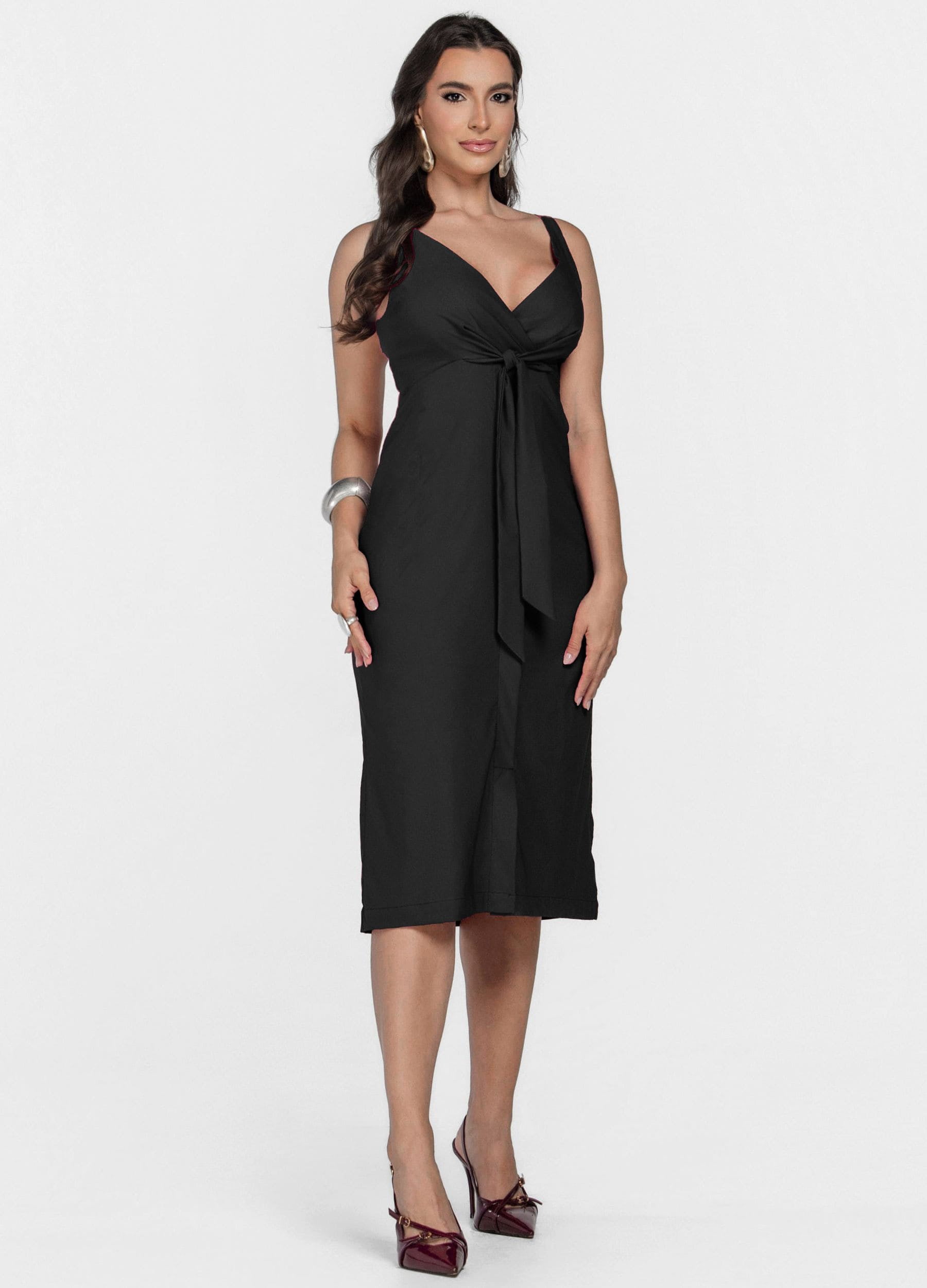 VESTIDO MIDI MARINA COM DECOTE TRESPASSADO E AMARRAÇÃO 