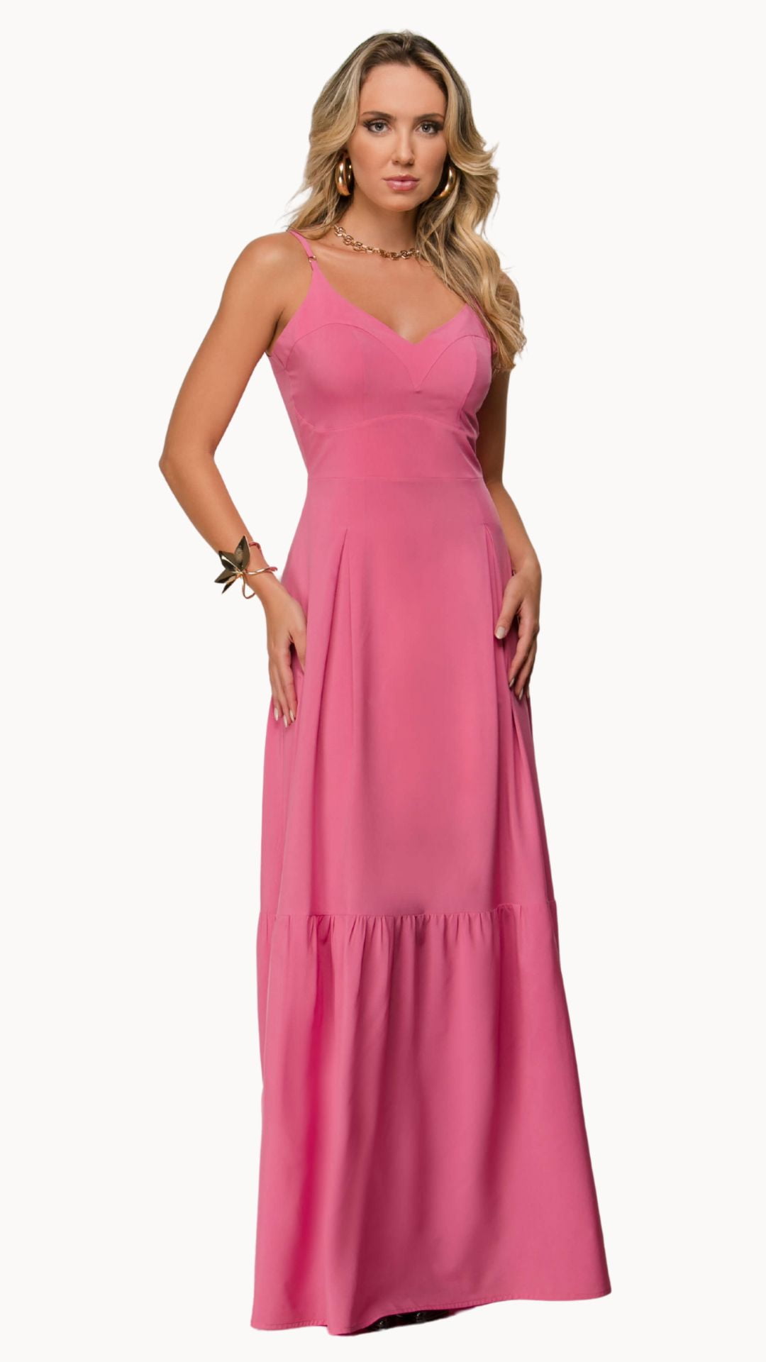 VESTIDO LONGO COM PREGAS NA SAIA 