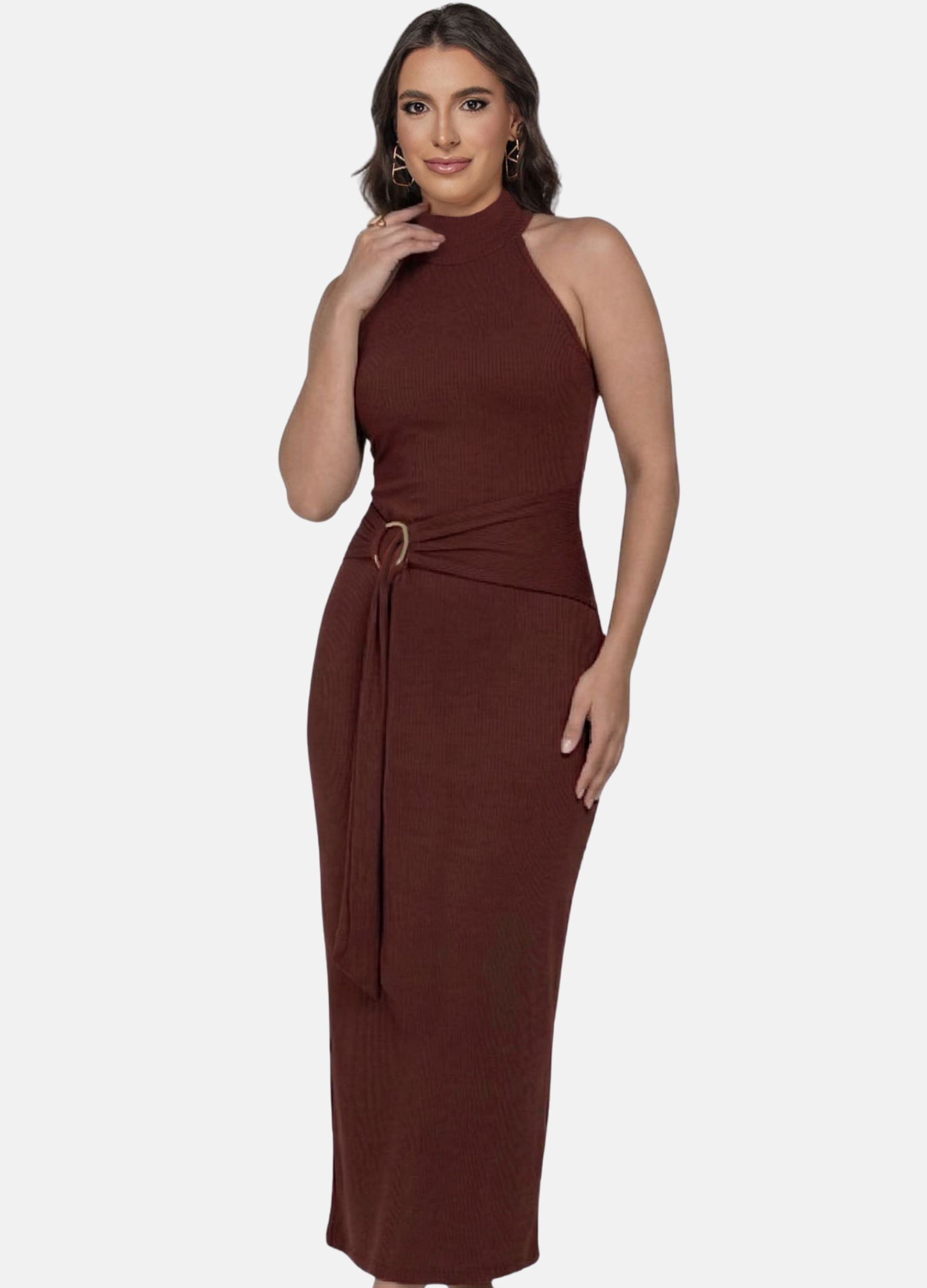 VESTIDO MIDI CANELADO GOLA ALTA COM ARGOLA