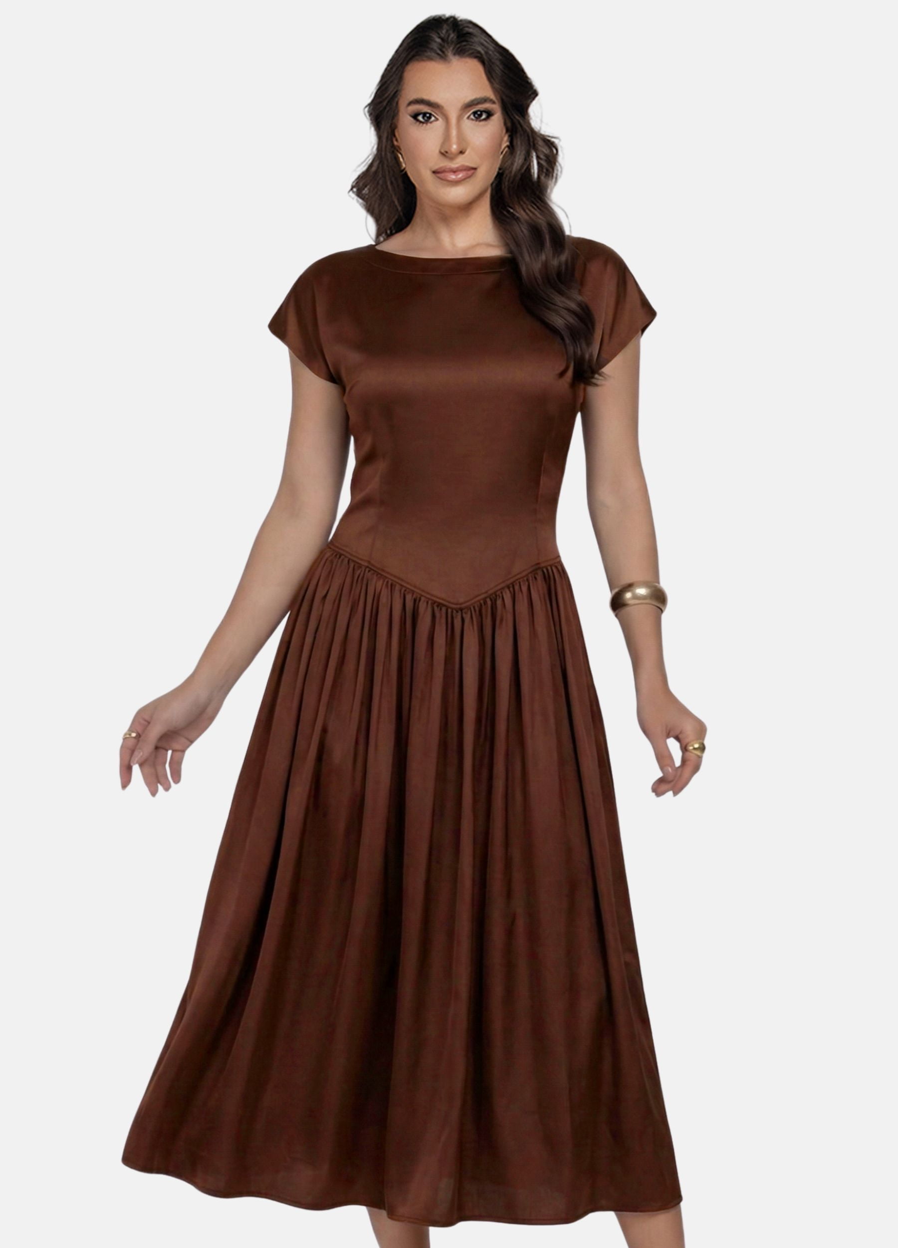 VESTIDO MIDI CIRRE COM SAIA FRANZIDA