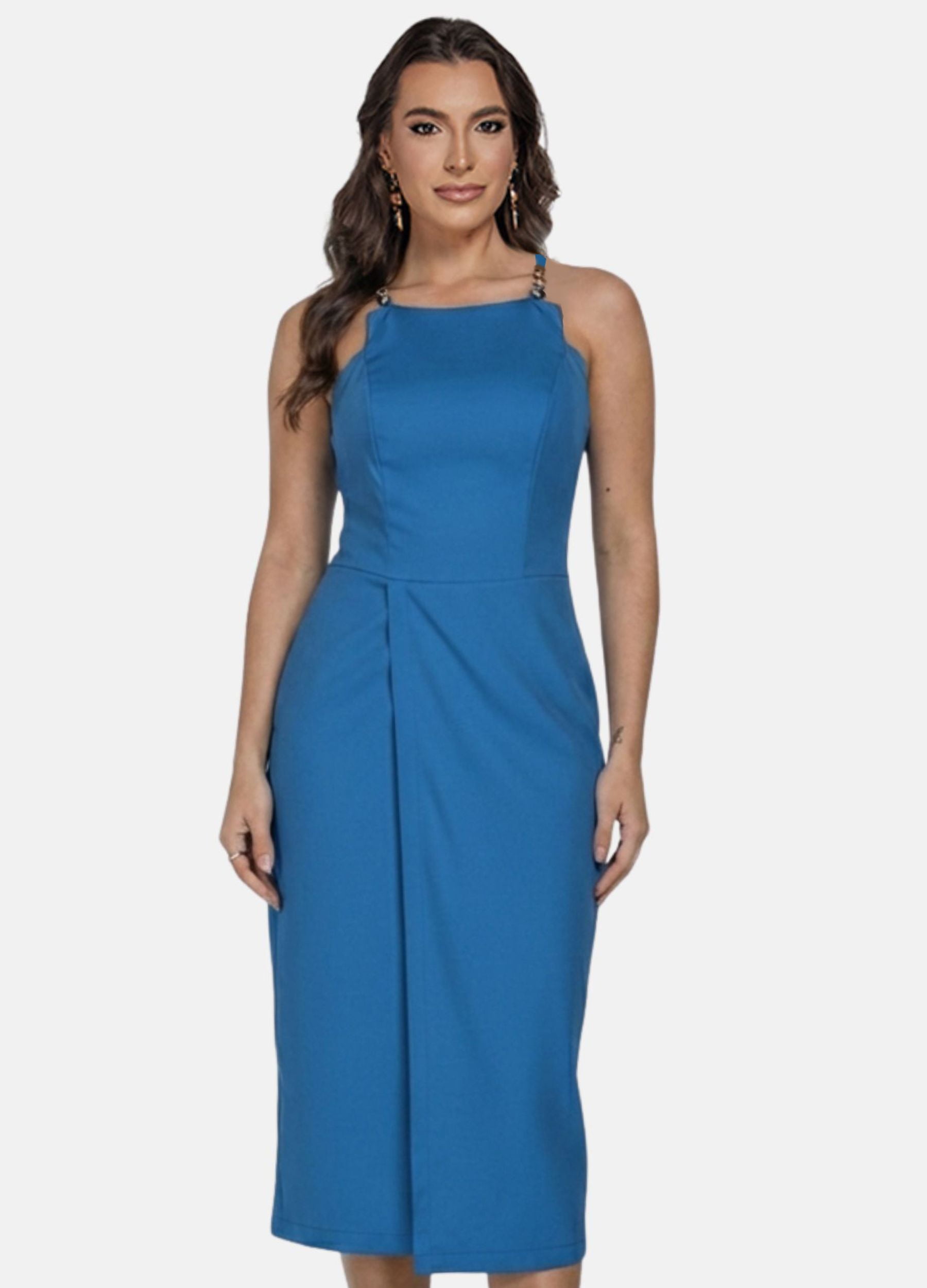 VESTIDO MIDI COM FIVELA NAS ALÇAS E SAIA ENVELOPE